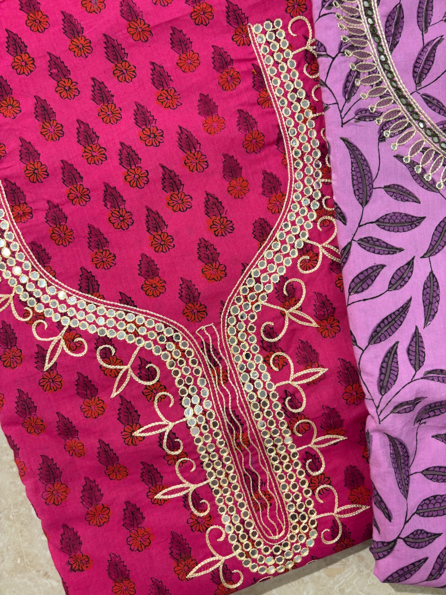 Thread Embroidered Cotton Block Printed Unstitched Suit Set