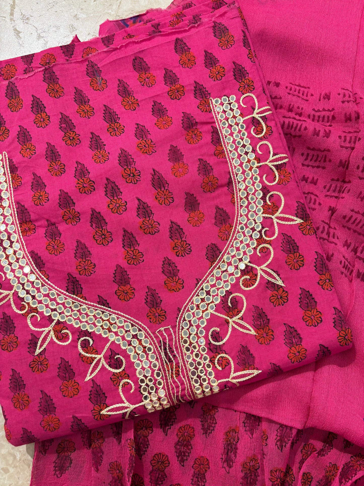 Thread Embroidered Cotton Block Printed Unstitched Suit Set