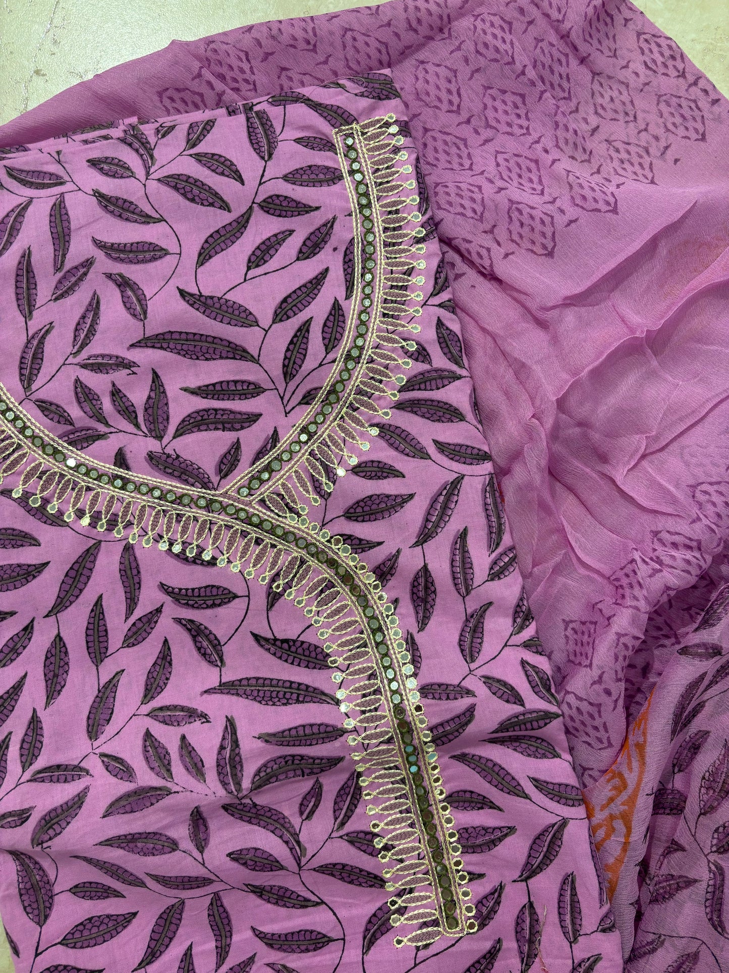 Thread Embroidered Cotton Block Printed Unstitched Suit Set