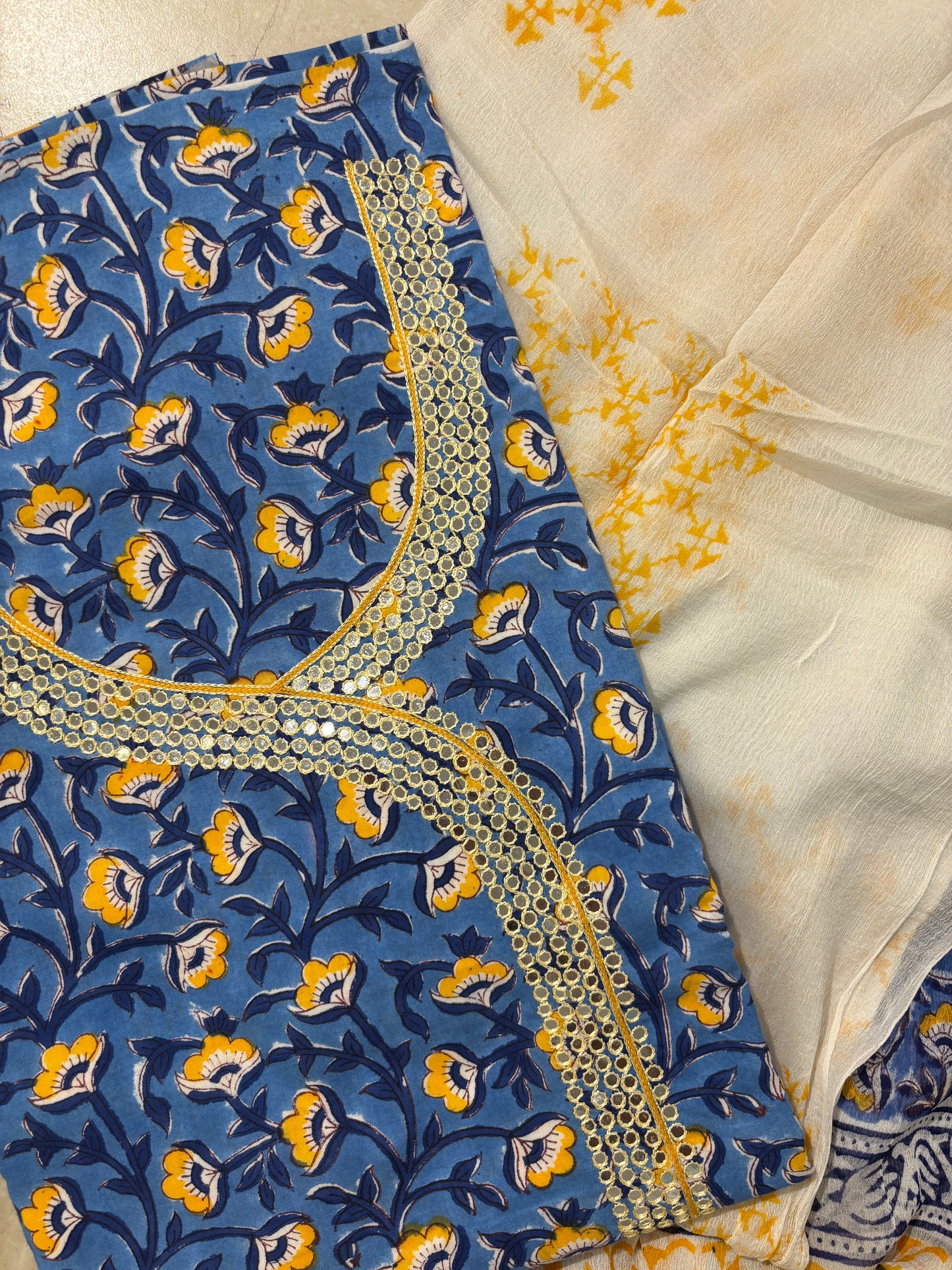 Thread Embroidered Cotton Block Printed Unstitched Suit Set