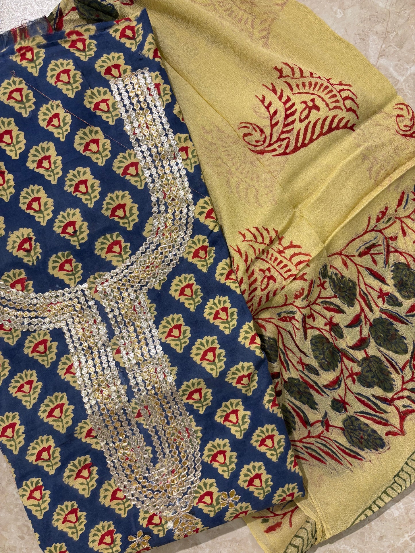 Premium Embroidered Cotton Block Printed Unstitched Suit Set