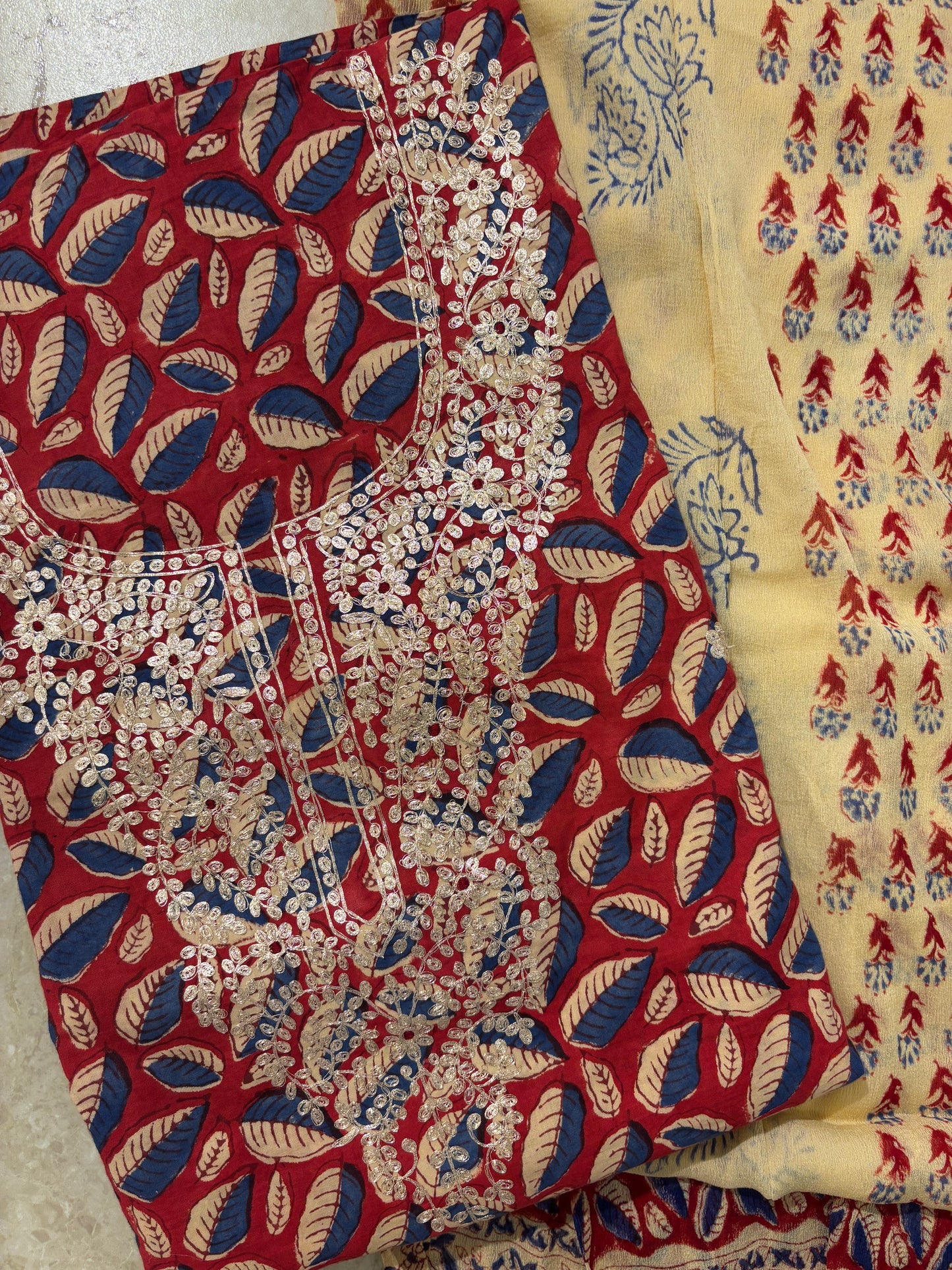 Premium Embroidered Cotton Block Printed Unstitched Suit Set
