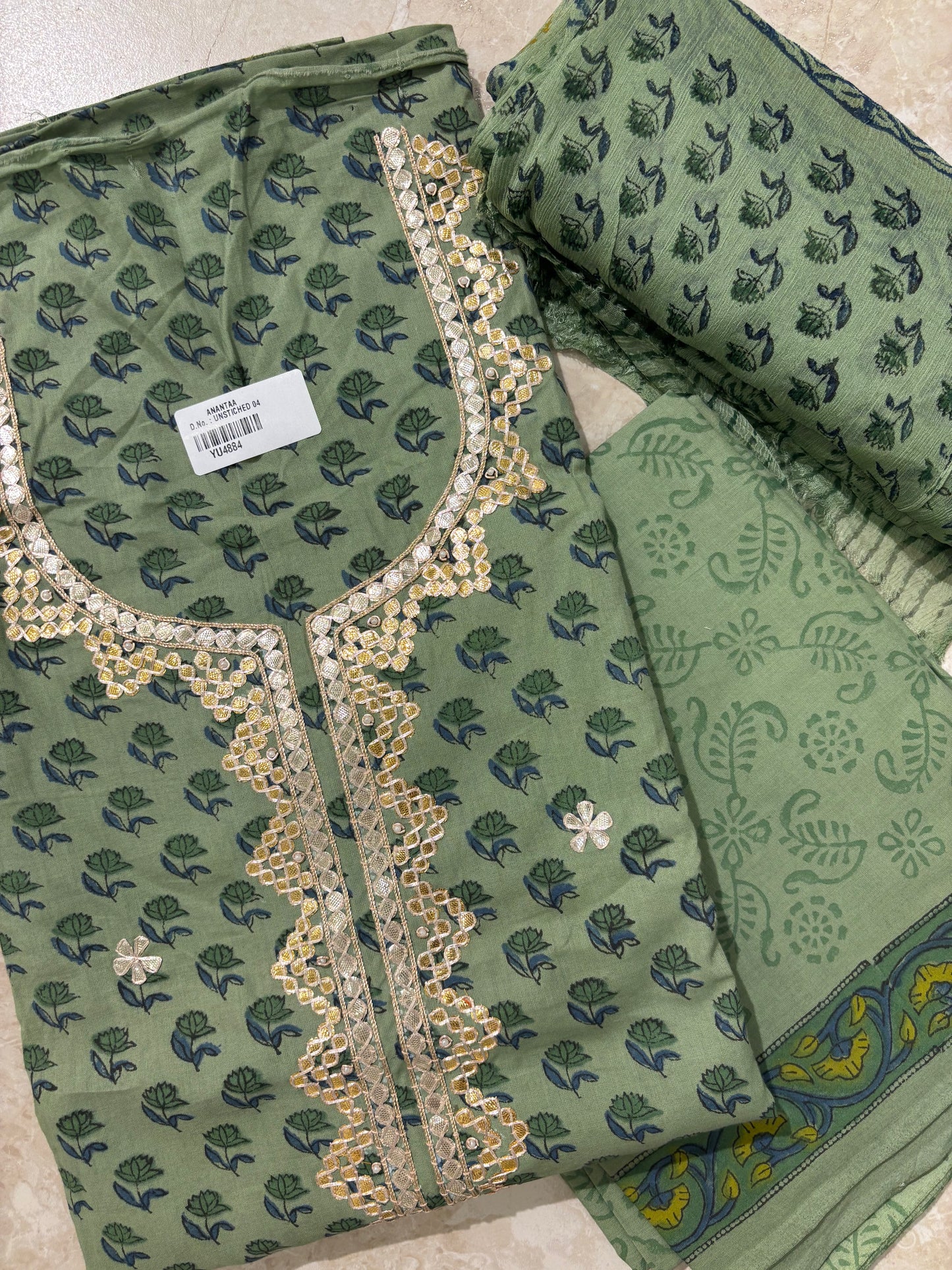 Gota Patti Cotton Block Printed Unstitched Suit Set