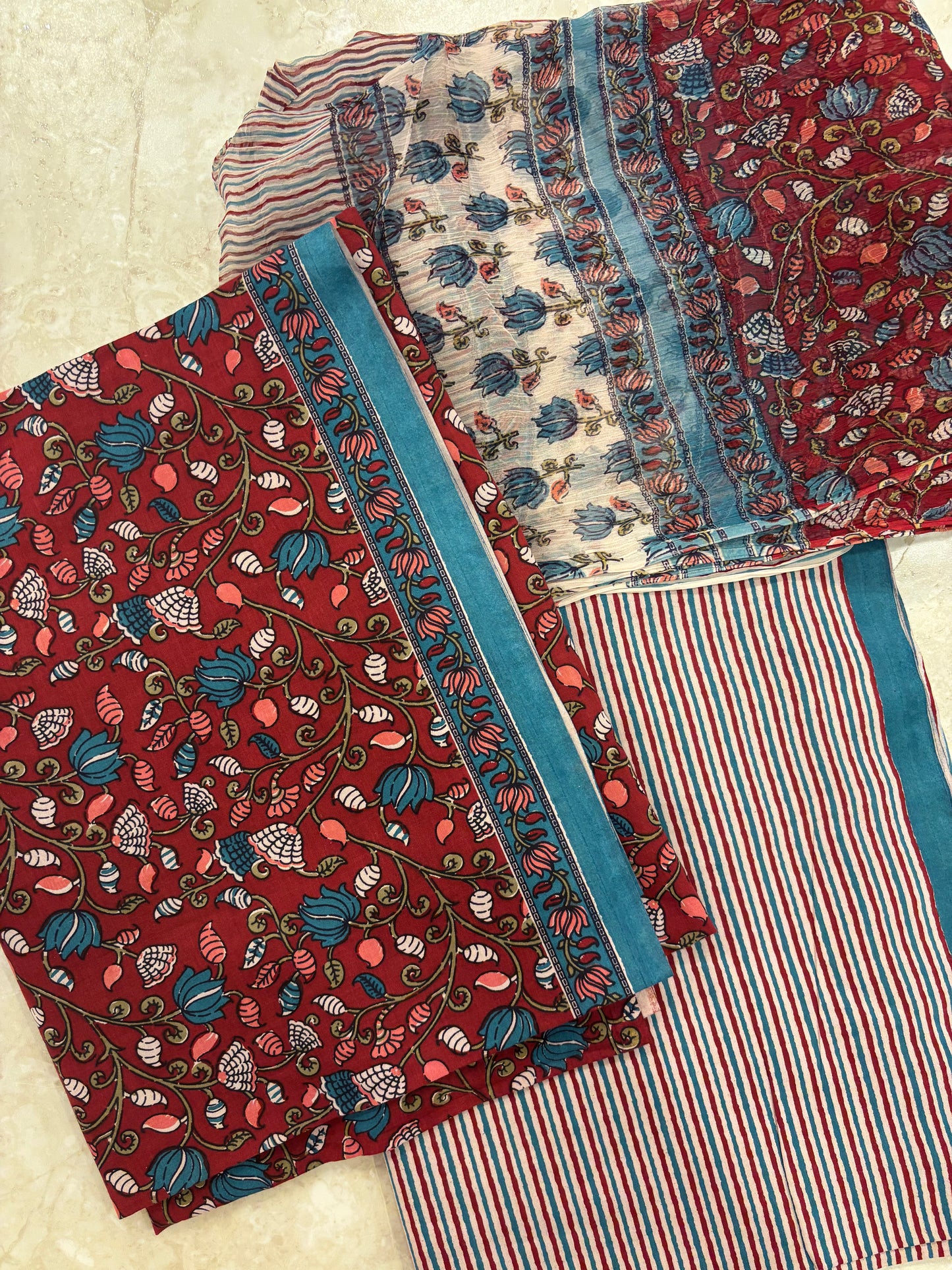 Cotton Block Printed Chiffon Dupatta Unstitched Suit Set