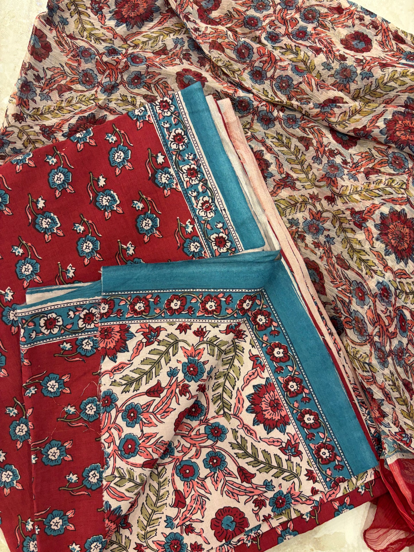 Cotton Block Printed Chiffon Dupatta Unstitched Suit Set