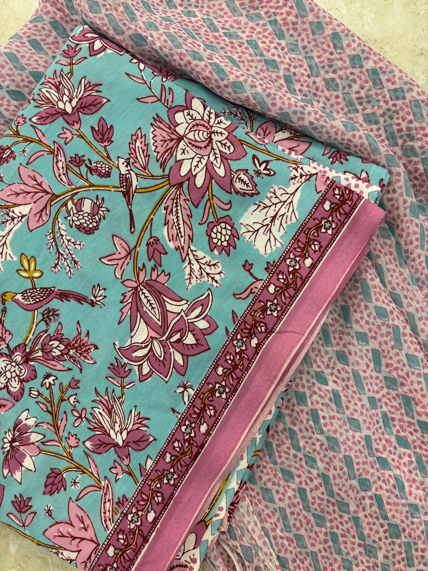 Cotton Block Printed Chiffon Dupatta Unstitched Suit Set