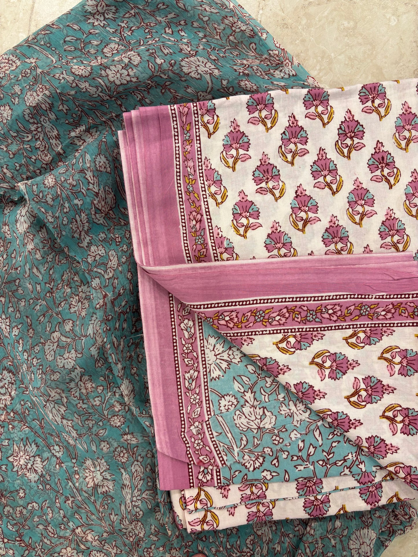 Cotton Block Printed Chiffon Dupatta Unstitched Suit Set