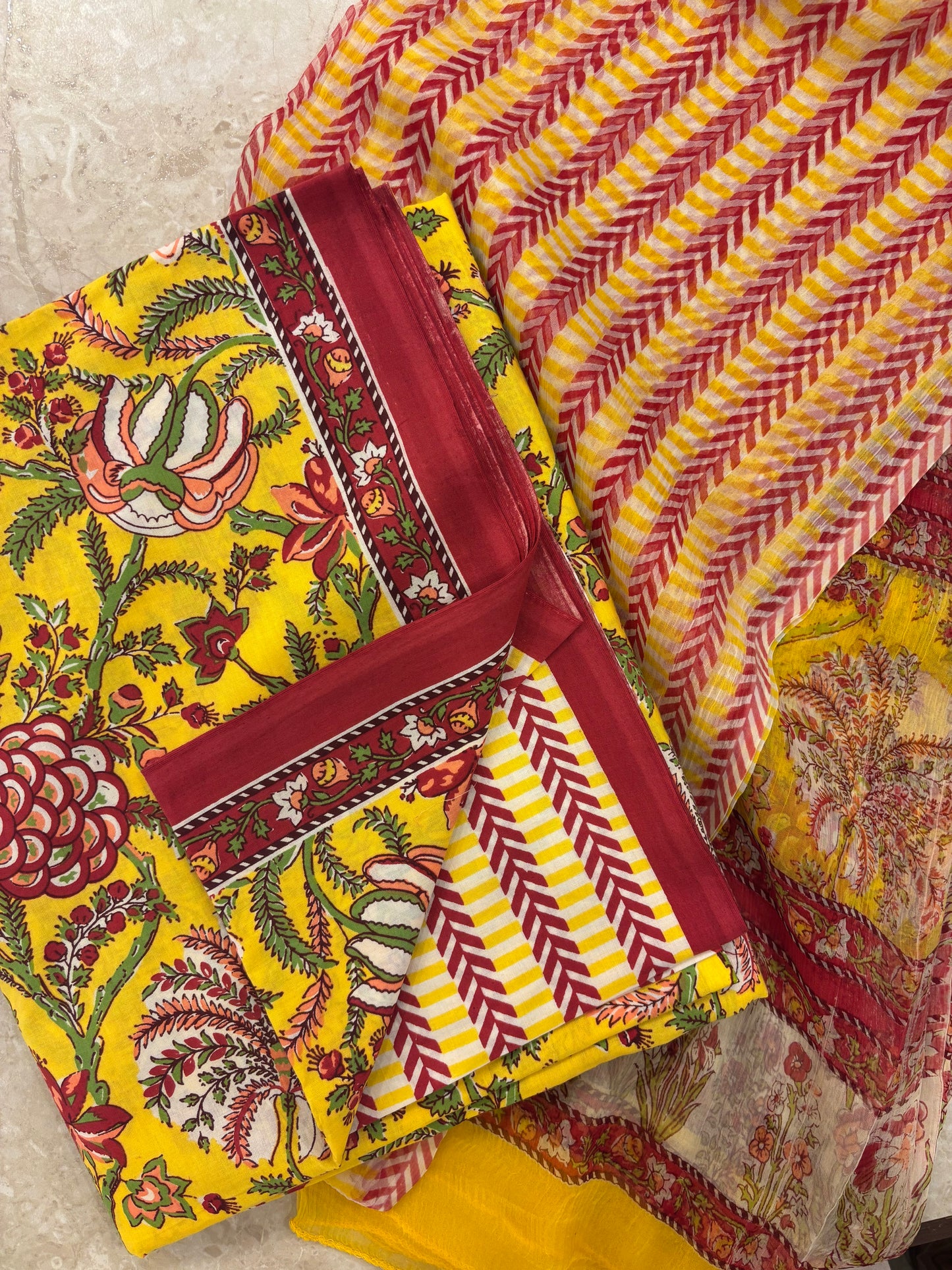 Cotton Block Printed Chiffon Dupatta Unstitched Suit Set