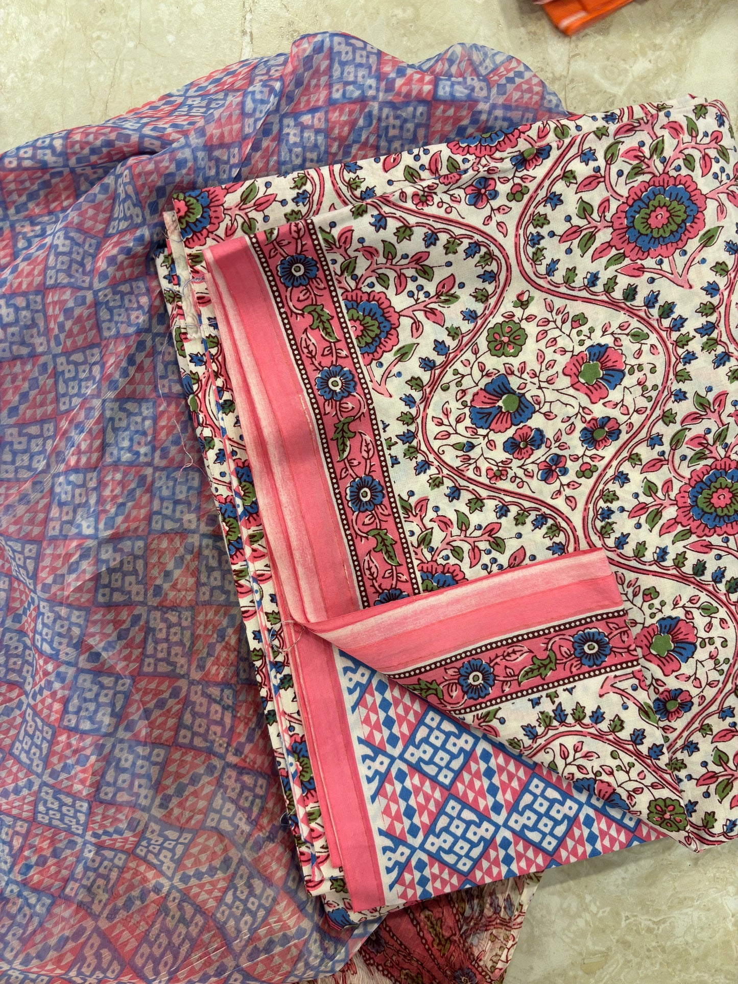 Cotton Block Printed Chiffon Dupatta Unstitched Suit Set