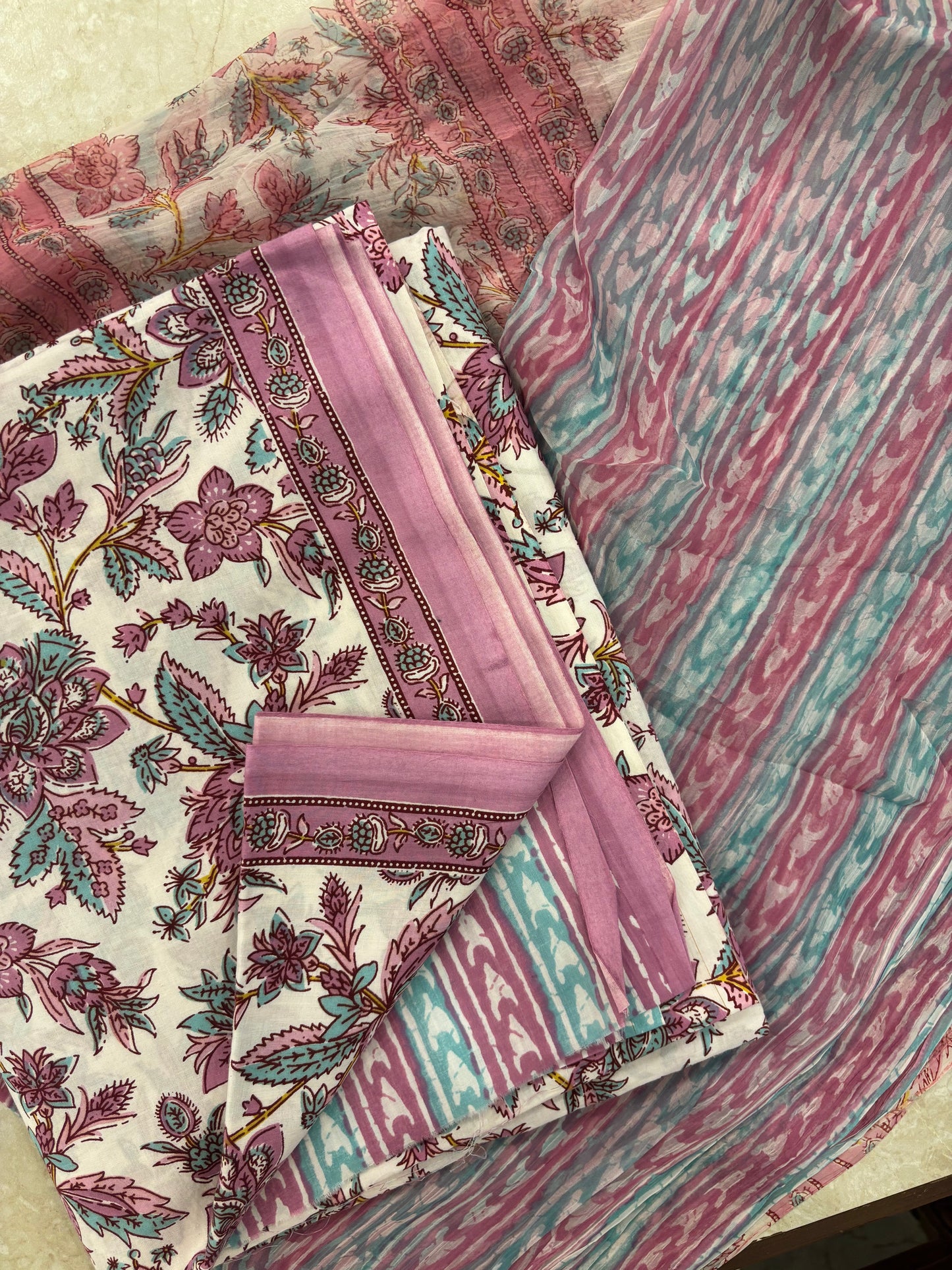 Cotton Block Printed Chiffon Dupatta Unstitched Suit Set