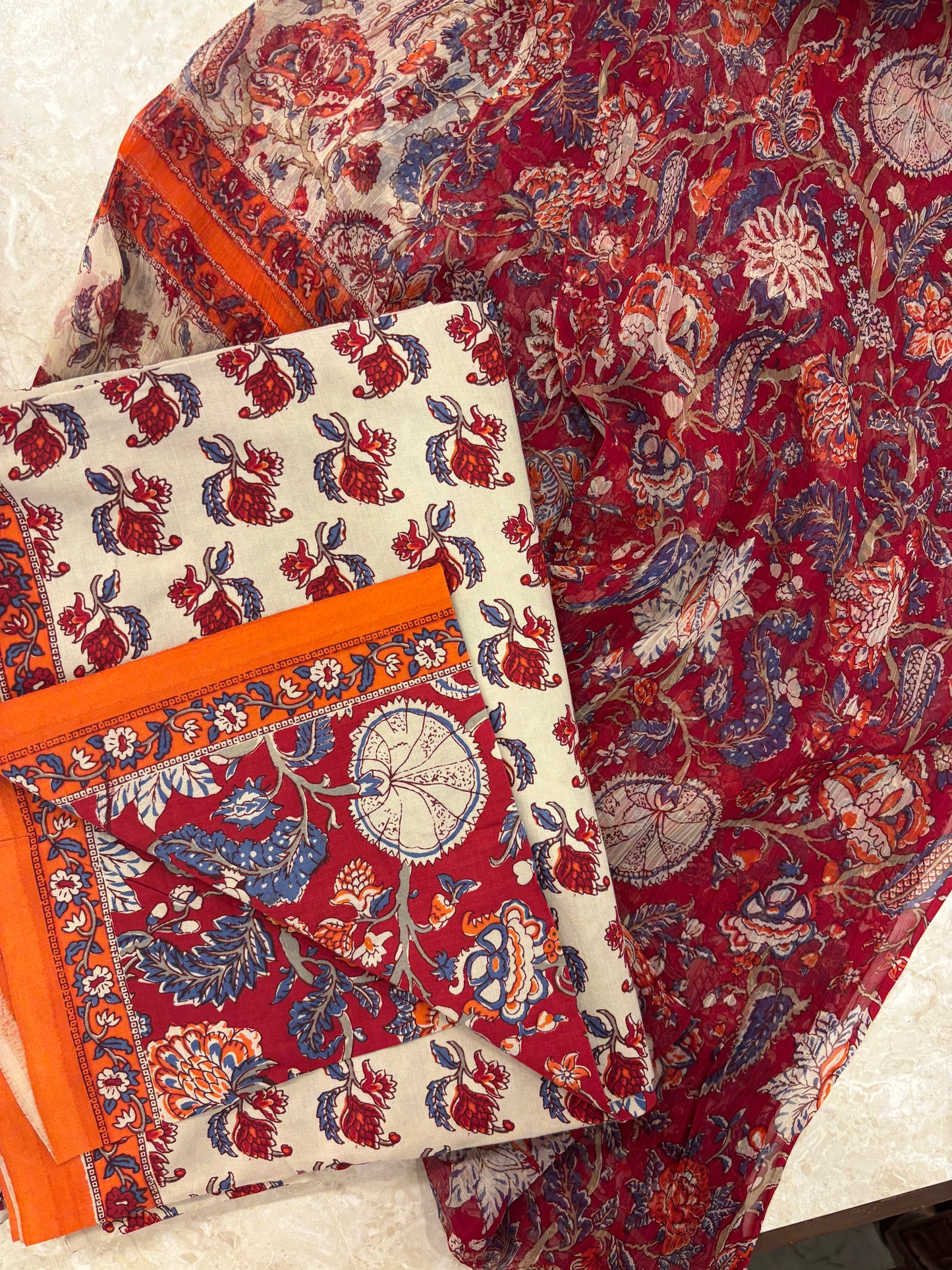 Cotton Block Printed Chiffon Dupatta Unstitched Suit Set