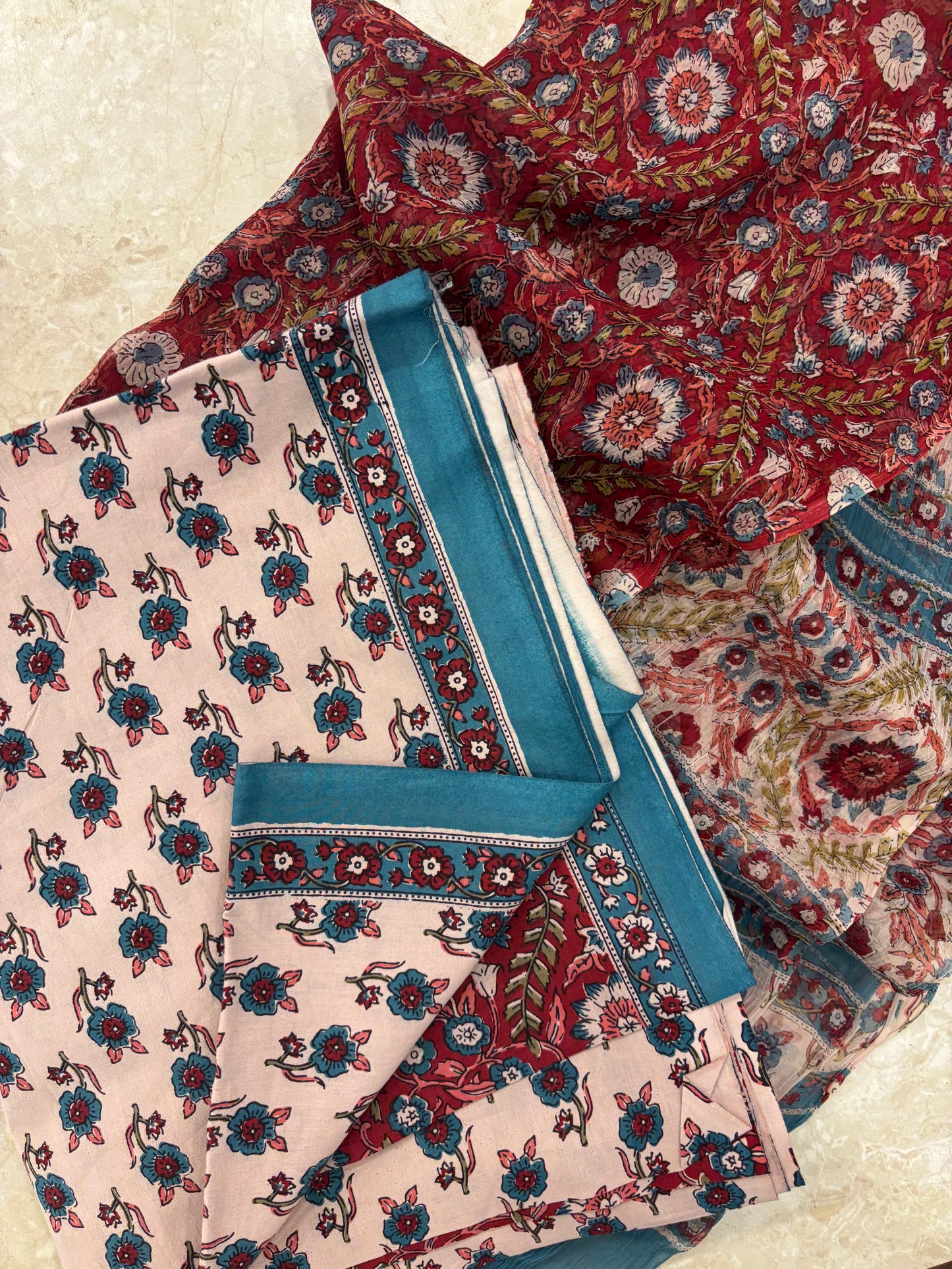 Cotton Block Printed Chiffon Dupatta Unstitched Suit Set