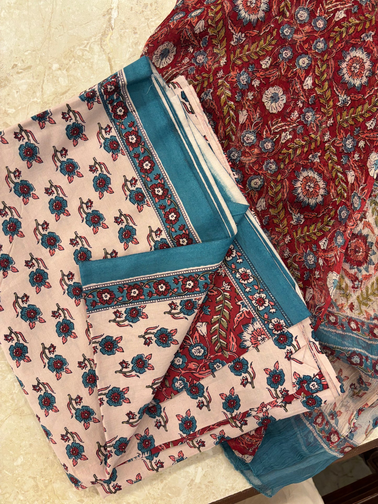 Cotton Block Printed Chiffon Dupatta Unstitched Suit Set