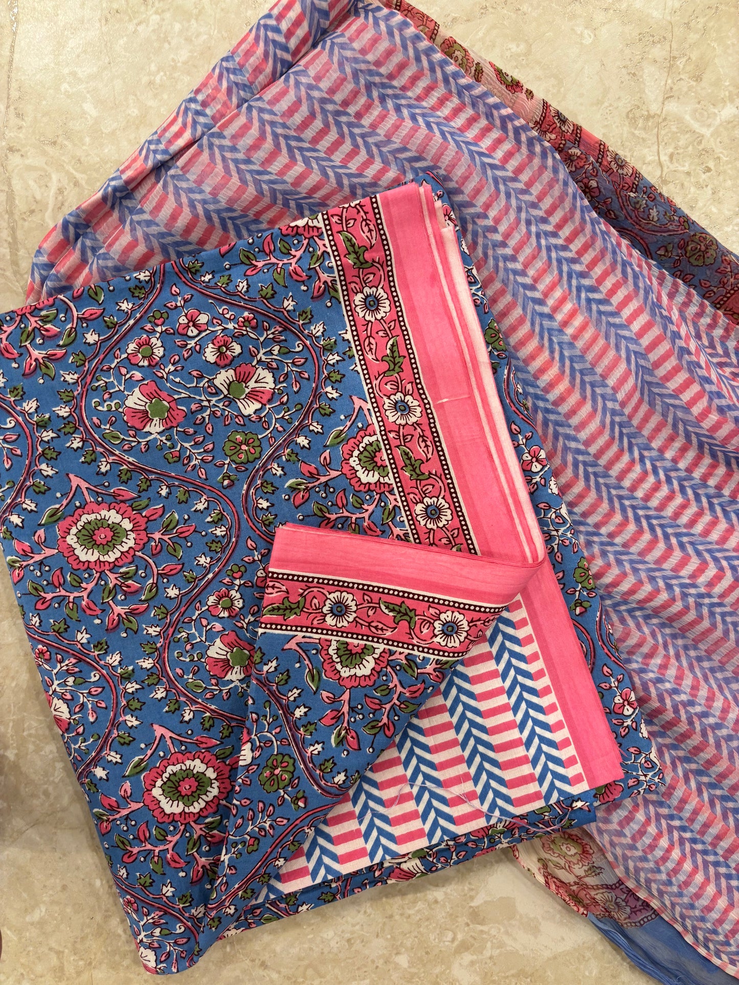 Cotton Block Printed Chiffon Dupatta Unstitched Suit Set