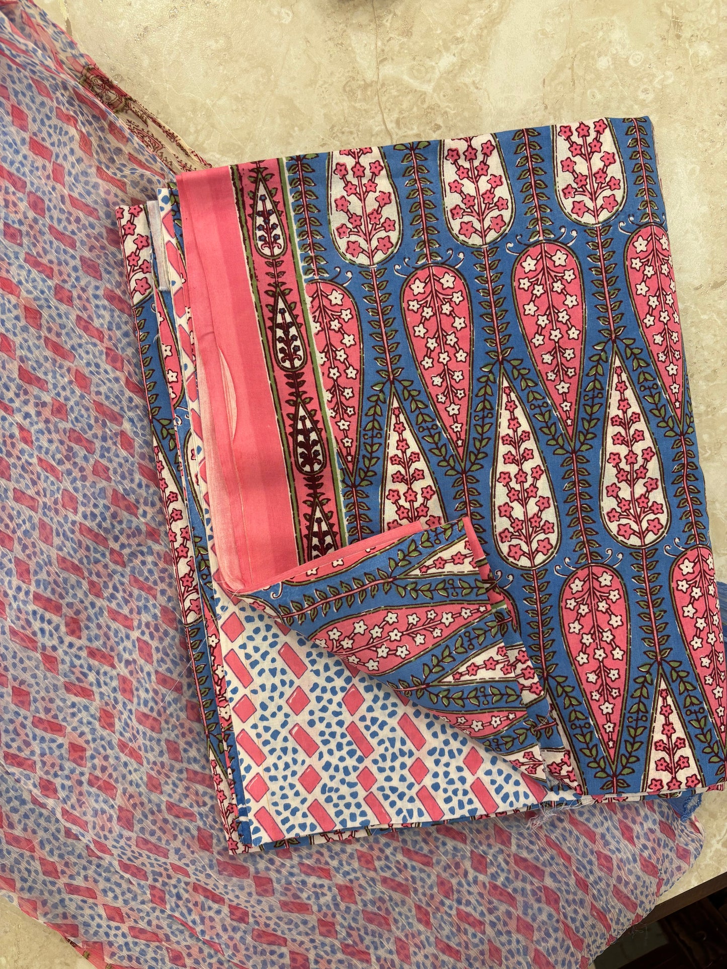 Cotton Block Printed Chiffon Dupatta Unstitched Suit Set