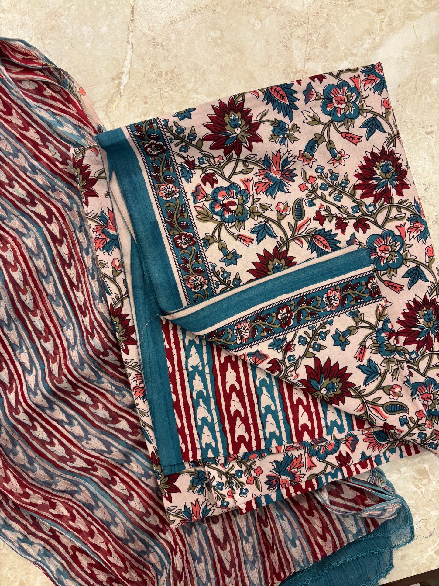 Cotton Block Printed Chiffon Dupatta Unstitched Suit Set
