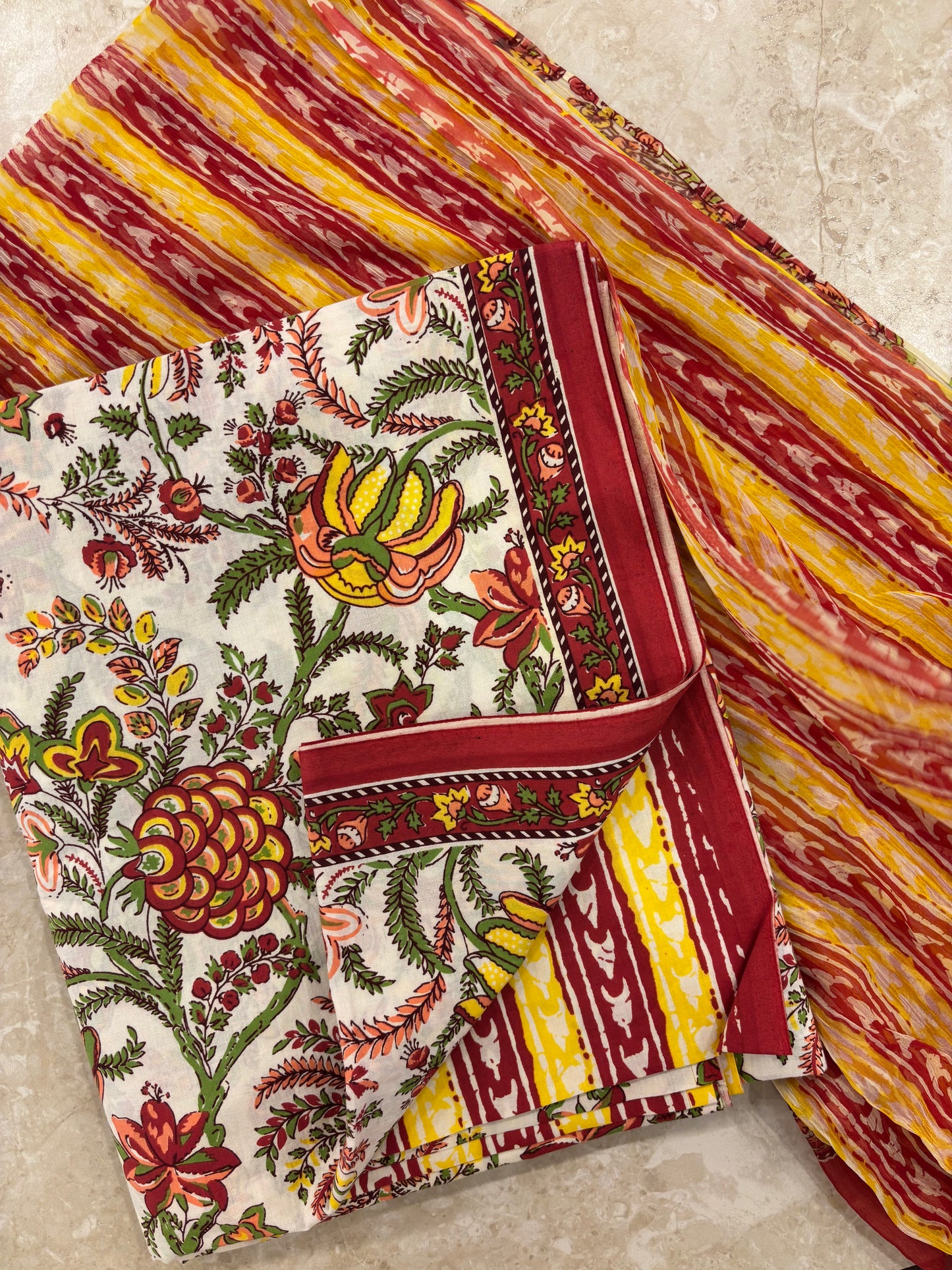 Cotton Block Printed Chiffon Dupatta Unstitched Suit Set