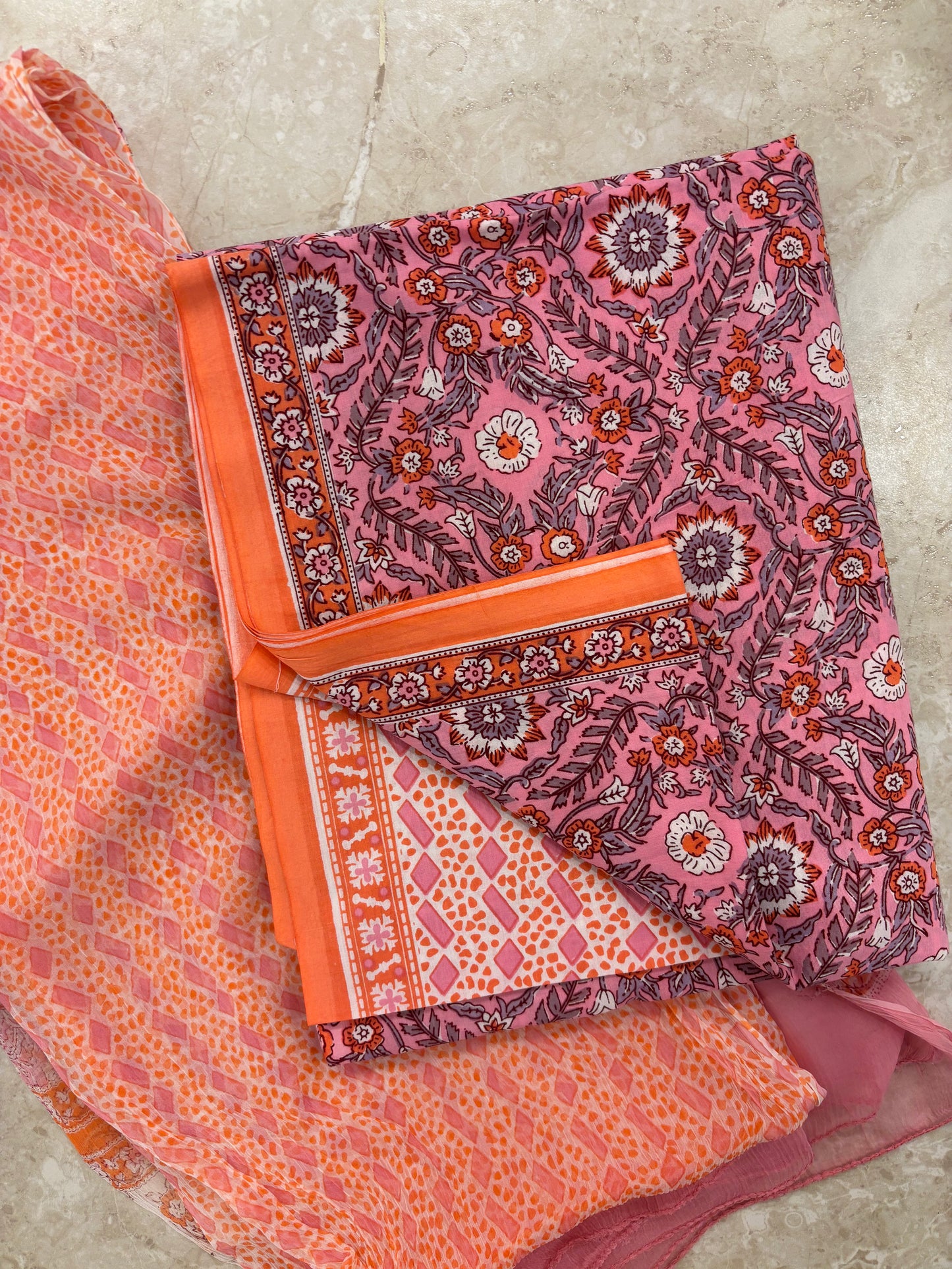 Cotton Block Printed Chiffon Dupatta Unstitched Suit Set