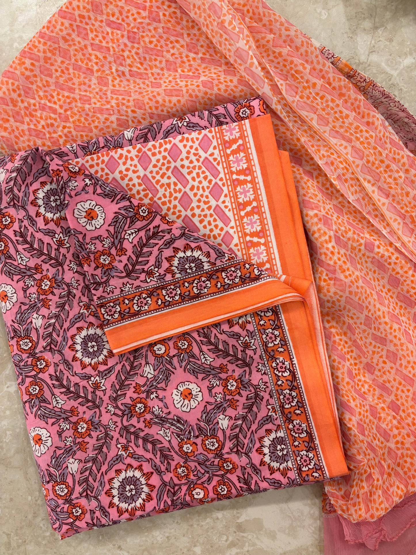 Cotton Block Printed Chiffon Dupatta Unstitched Suit Set