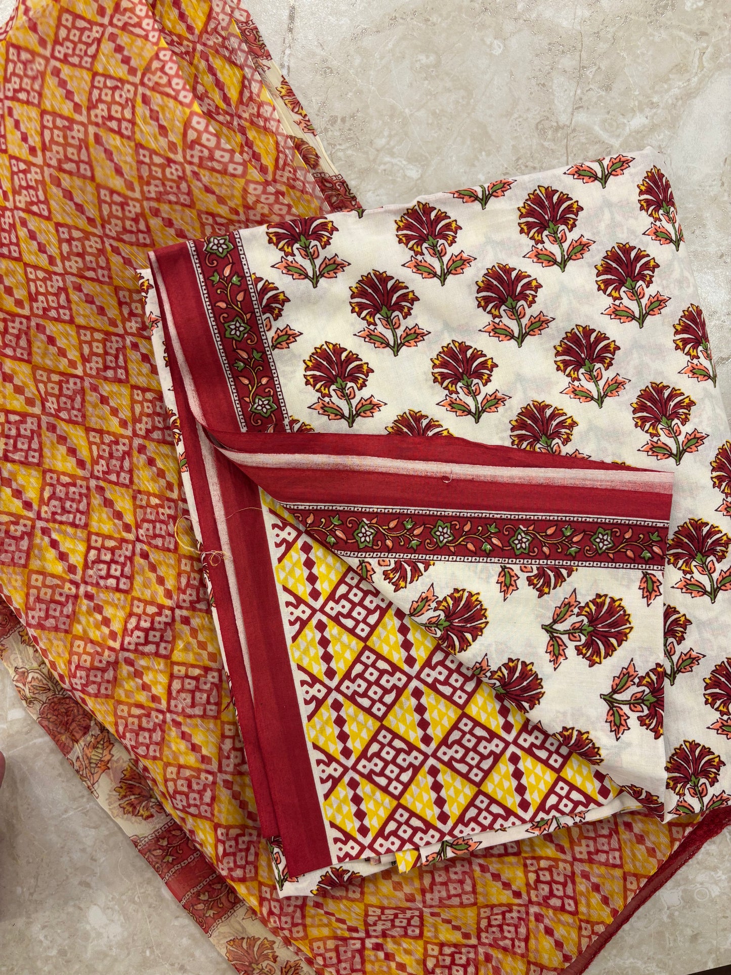 Cotton Block Printed Chiffon Dupatta Unstitched Suit Set