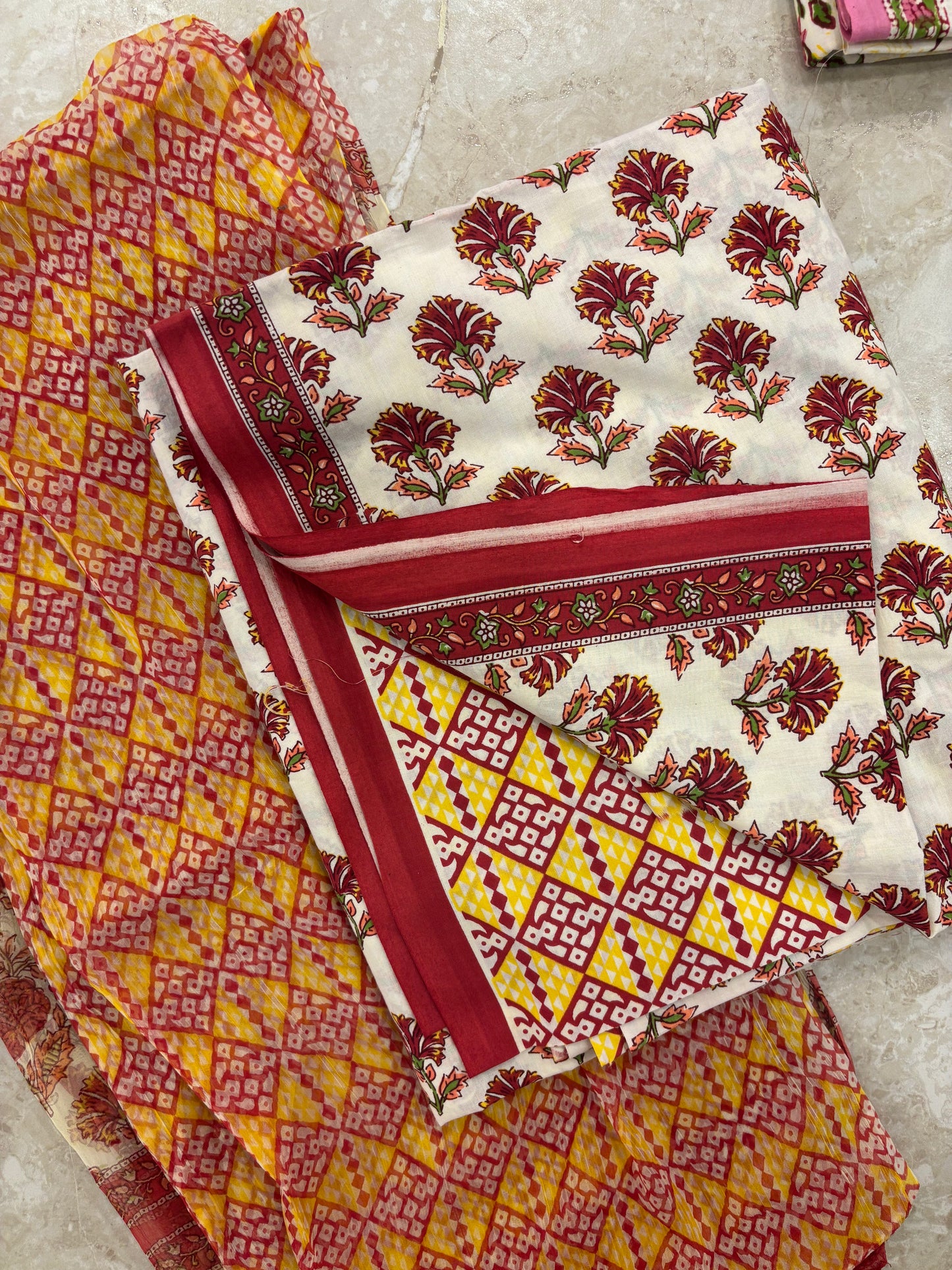 Cotton Block Printed Chiffon Dupatta Unstitched Suit Set
