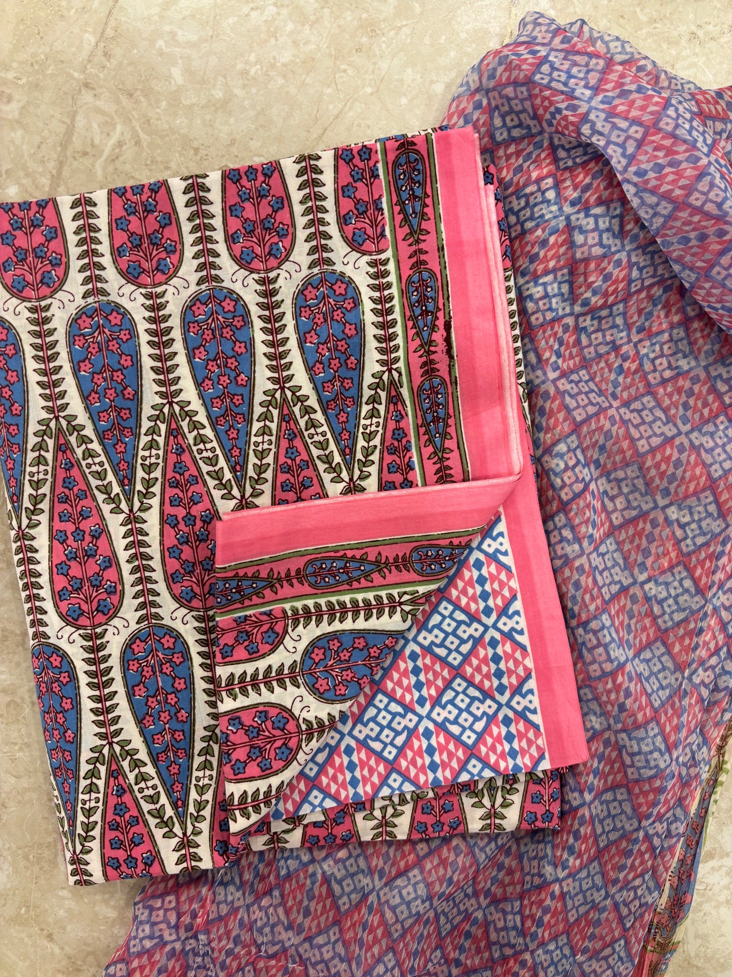Cotton Block Printed Chiffon Dupatta Unstitched Suit Set