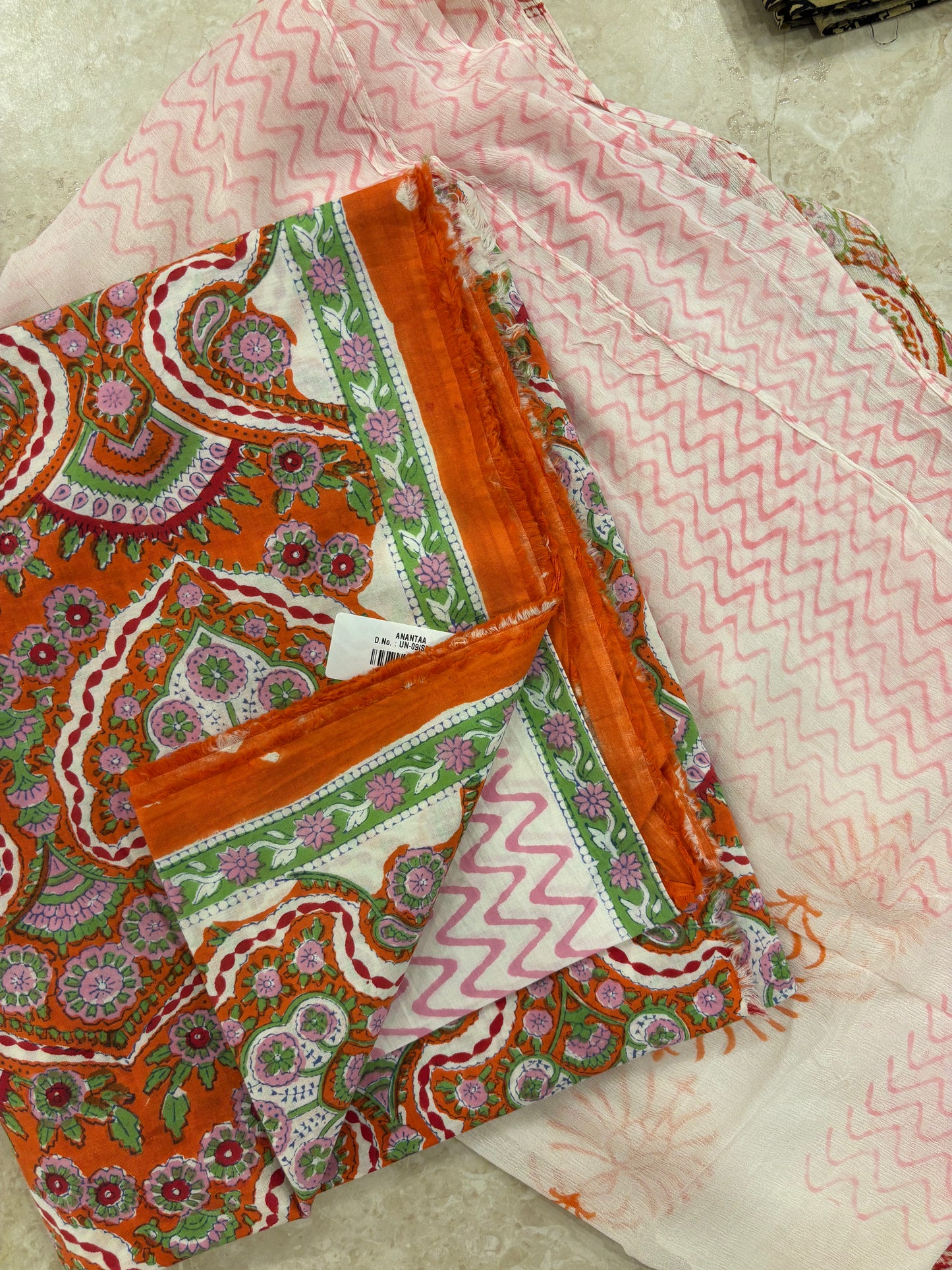 Cotton Block Printed Chiffon Dupatta Unstitched Suit Set
