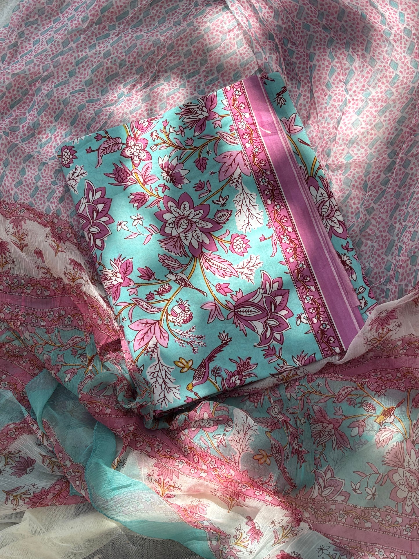 Cotton Block Printed Chiffon Dupatta Unstitched Suit Set