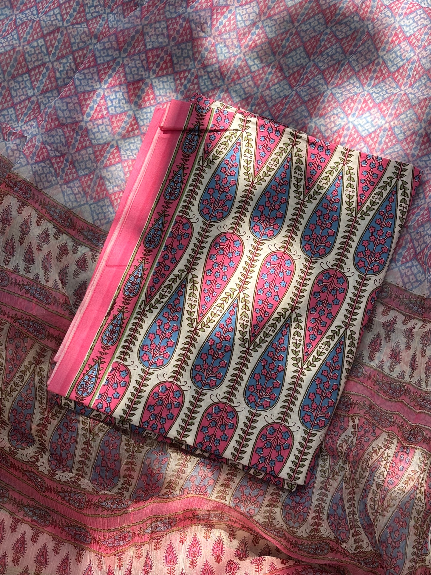 Cotton Block Printed Chiffon Dupatta Unstitched Suit Set