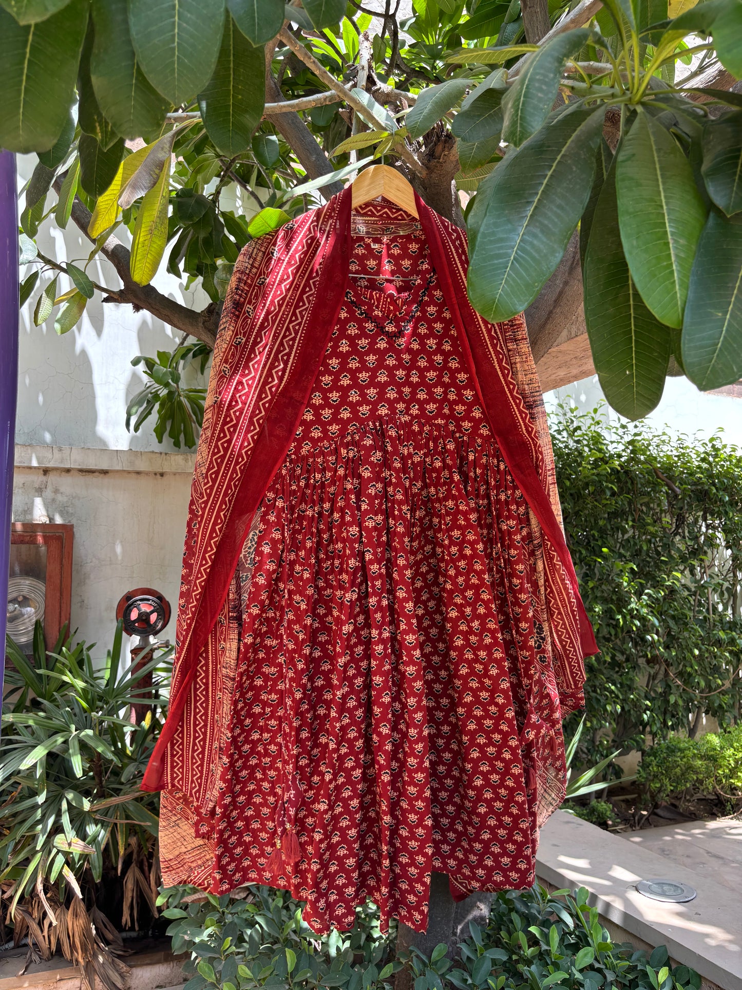 Ajrak Print Alia Cut Cotton Anarkali Suit Set