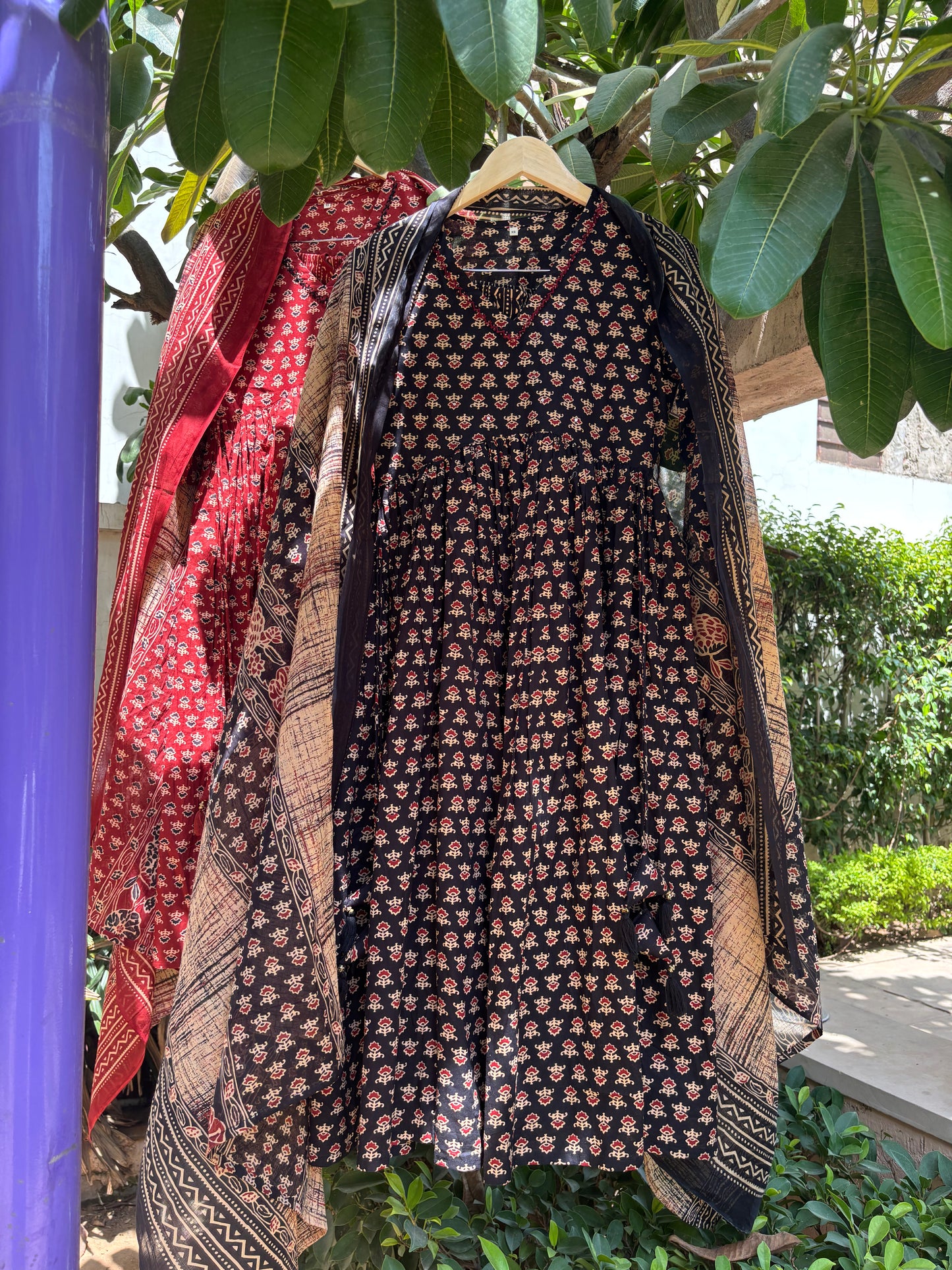 Ajrak Print Alia Cut Cotton Anarkali Suit Set