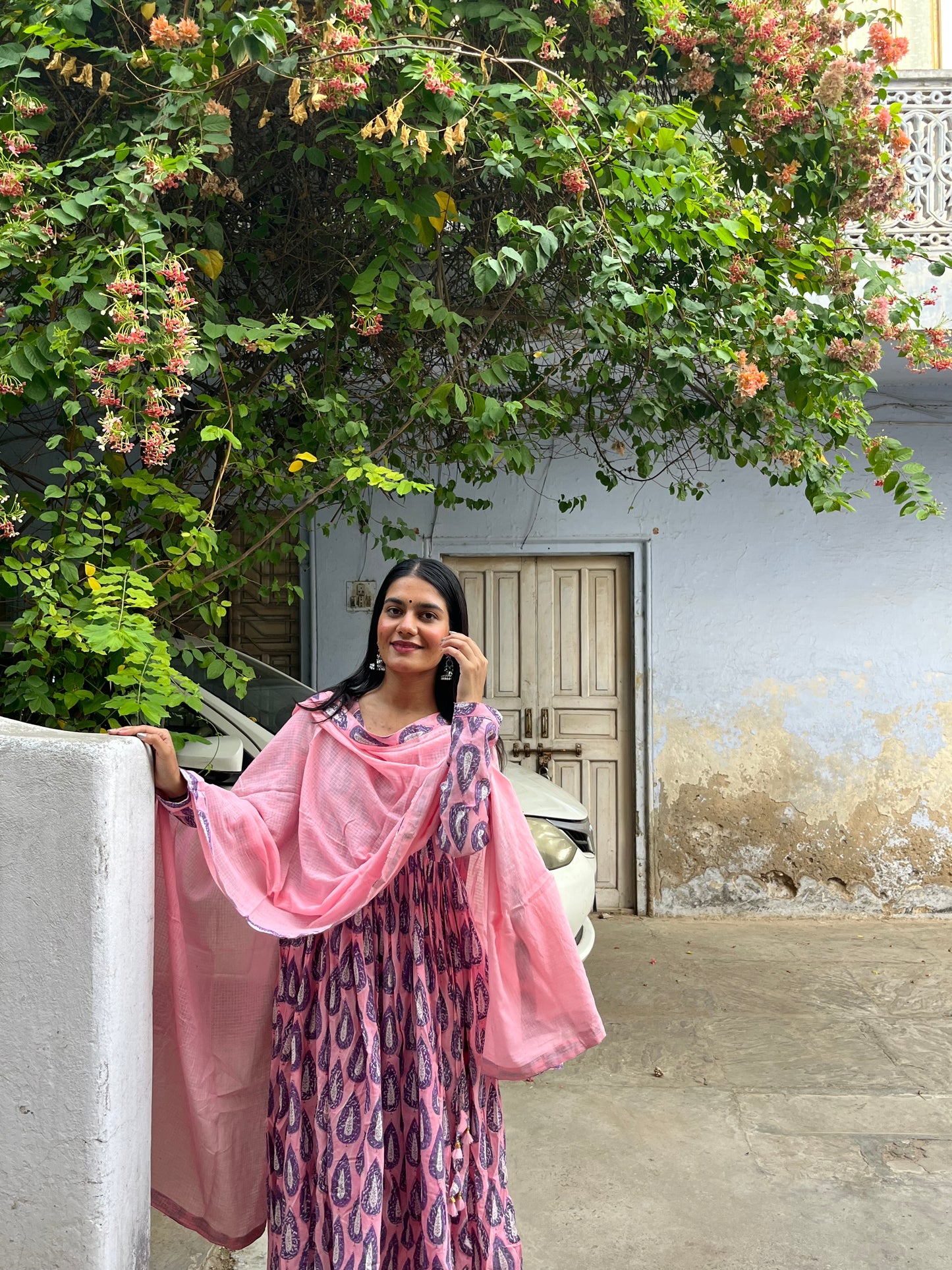 Pink Butta Print Pure Hand-block Anarkali Suit Set