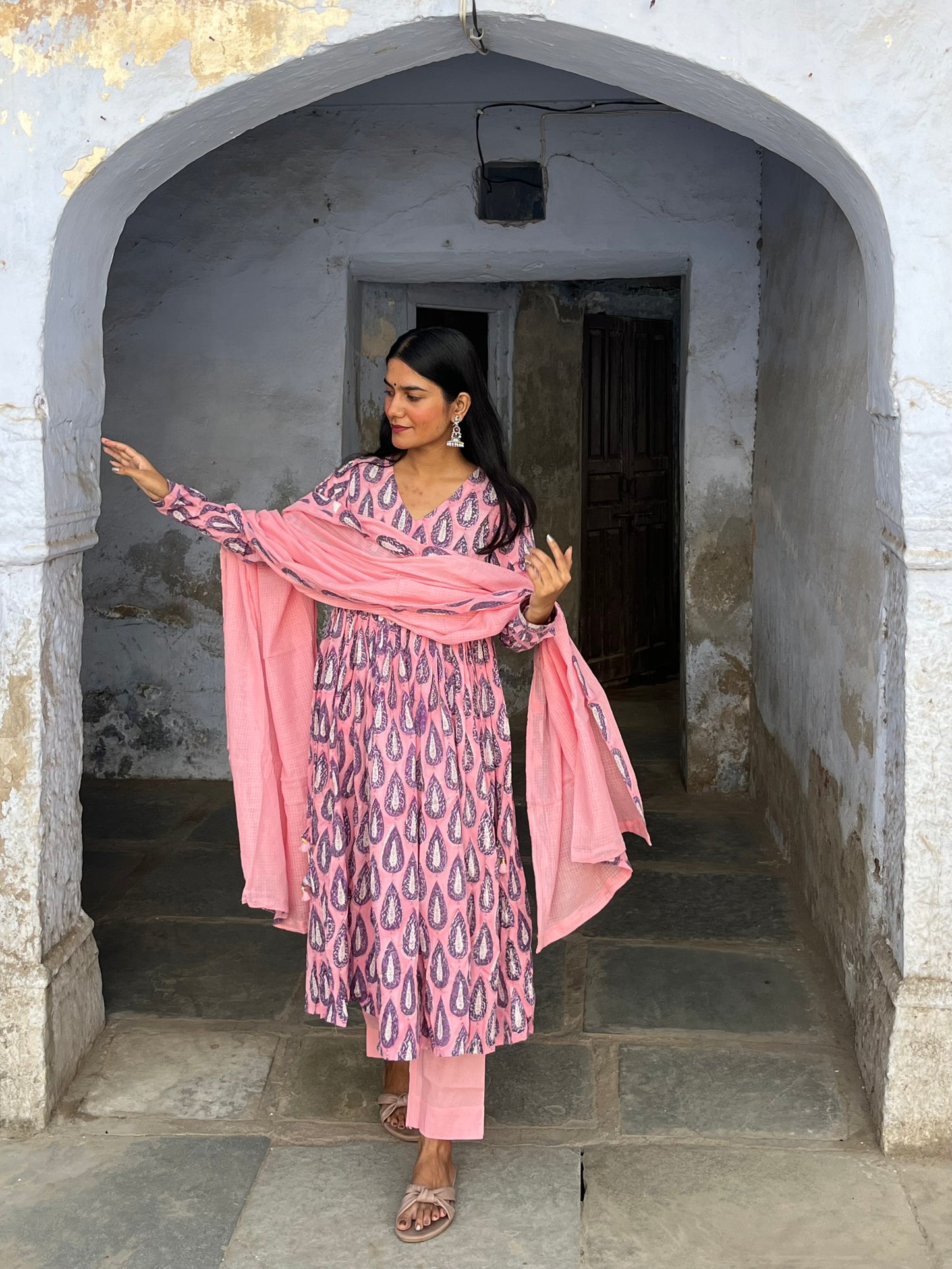 Pink Butta Print Pure Hand-block Anarkali Suit Set