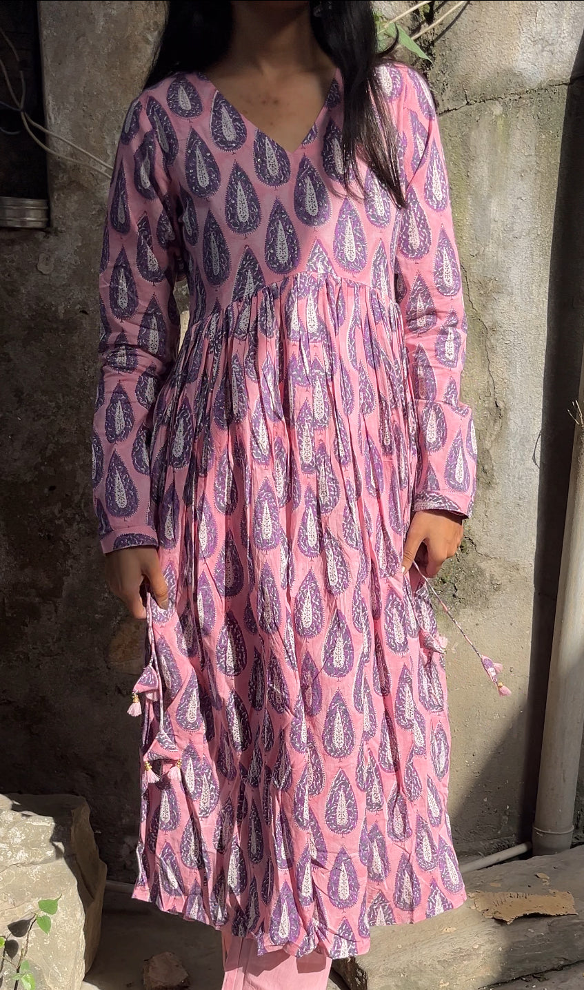 Pink Butta Print Pure Hand-block Anarkali Suit Set