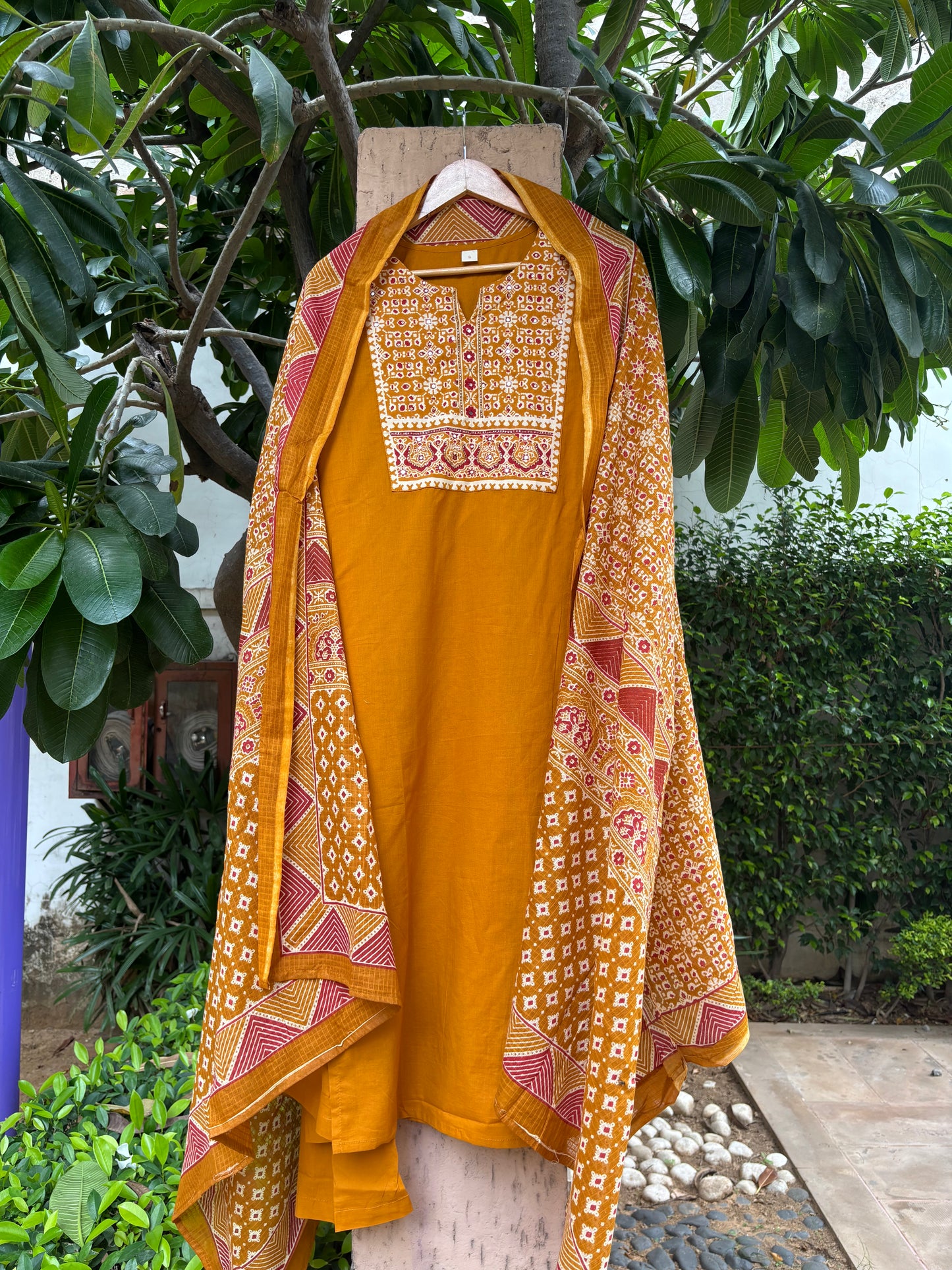 Mustard Cotton Suit Set with Ajrak Printed Dupatta