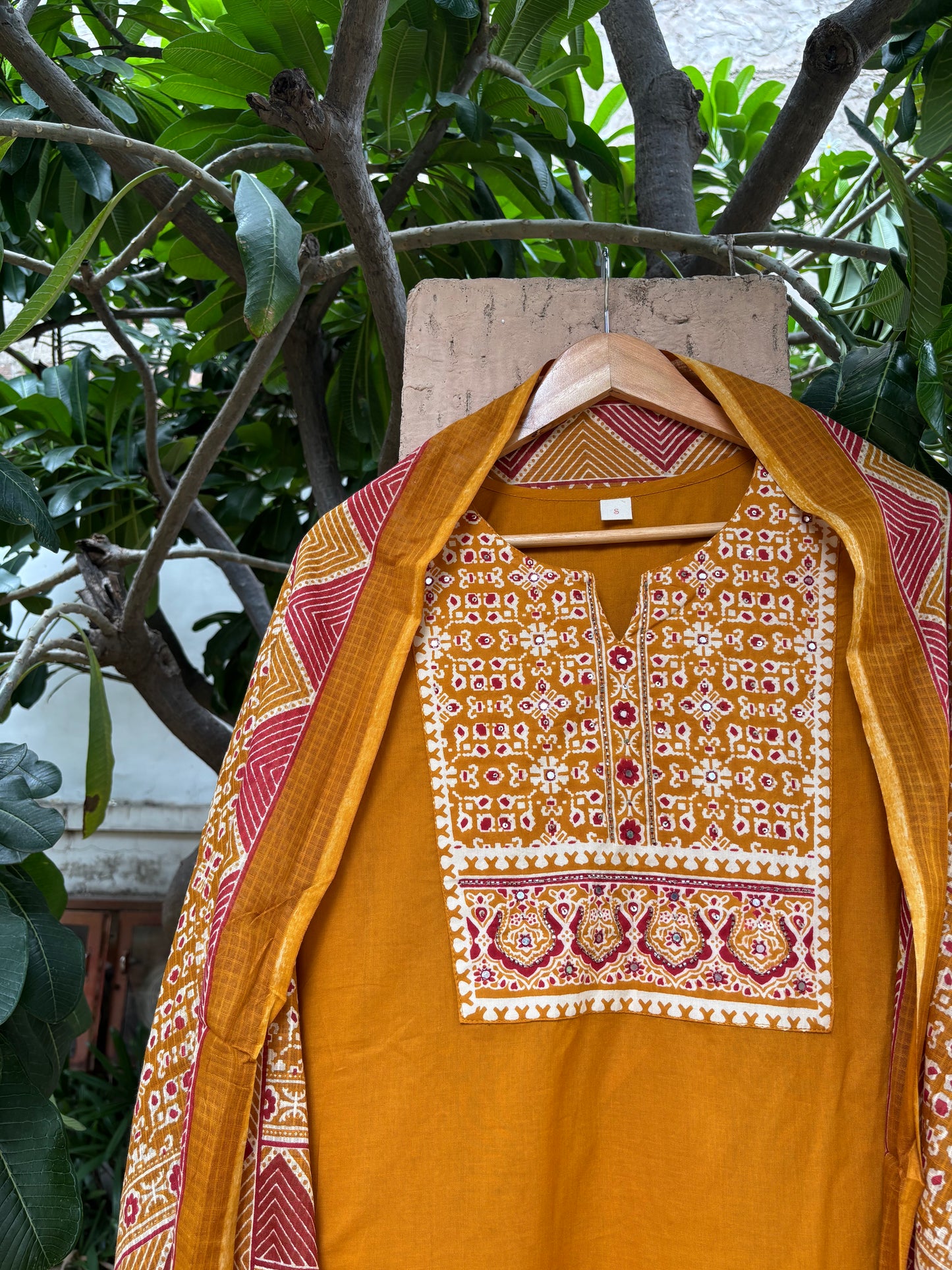 Mustard Cotton Suit Set with Ajrak Printed Dupatta