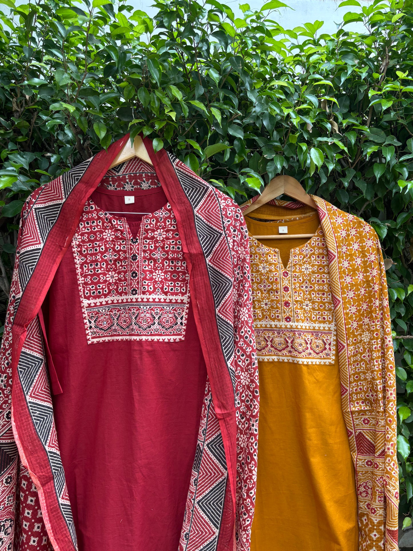 Mustard Cotton Suit Set with Ajrak Printed Dupatta