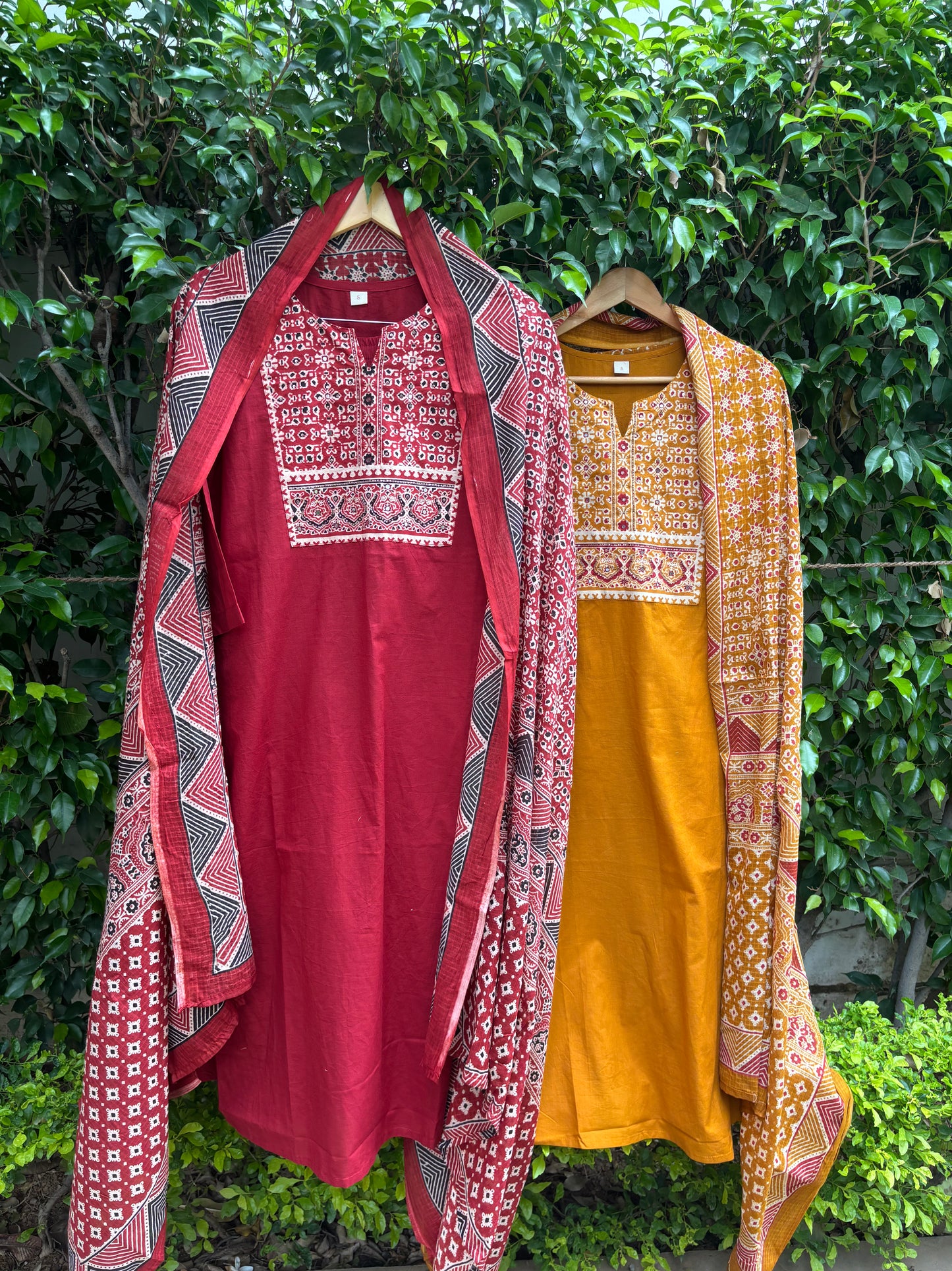 Mustard Cotton Suit Set with Ajrak Printed Dupatta