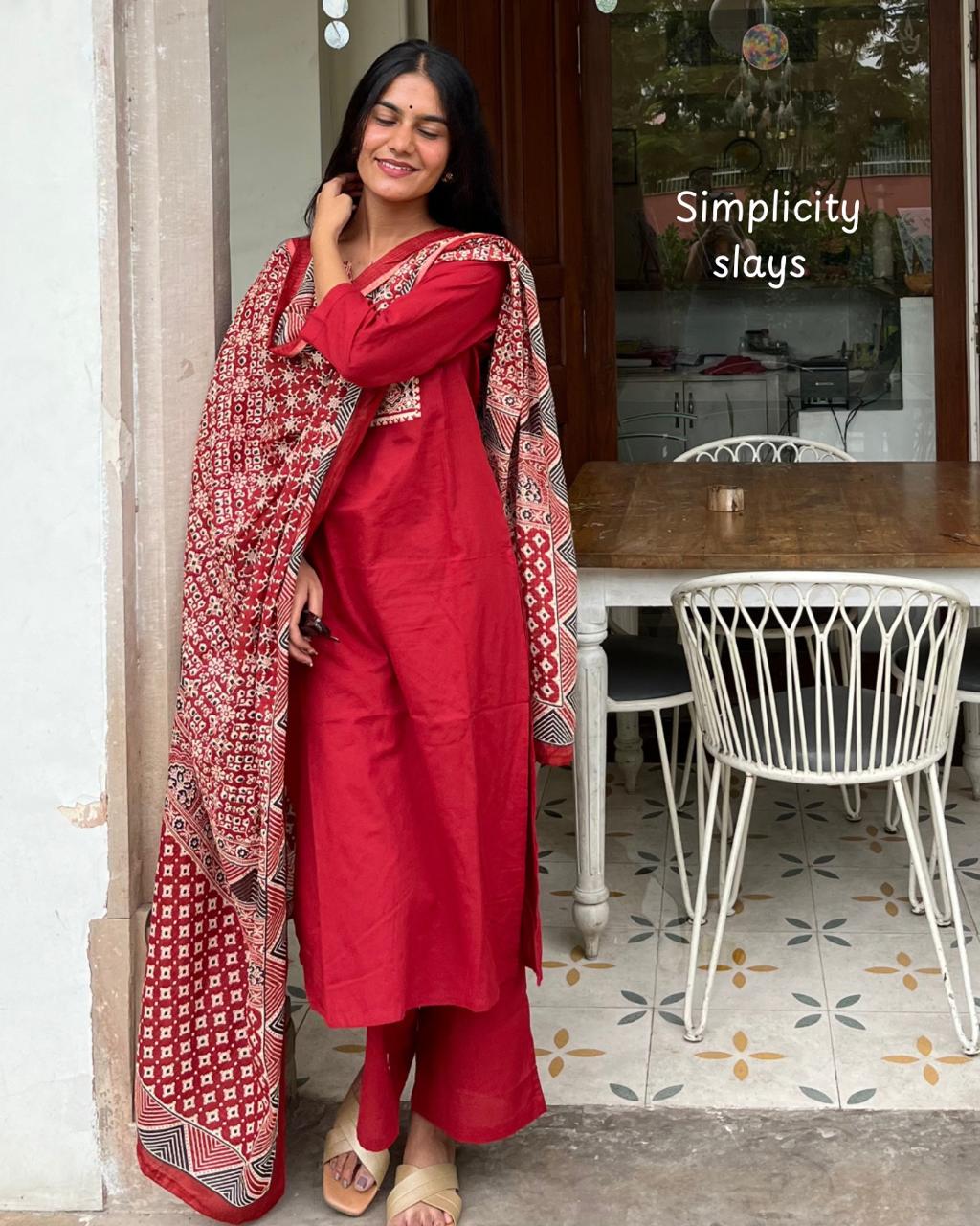 Red Cotton Suit Set with Ajrak Printed Dupatta