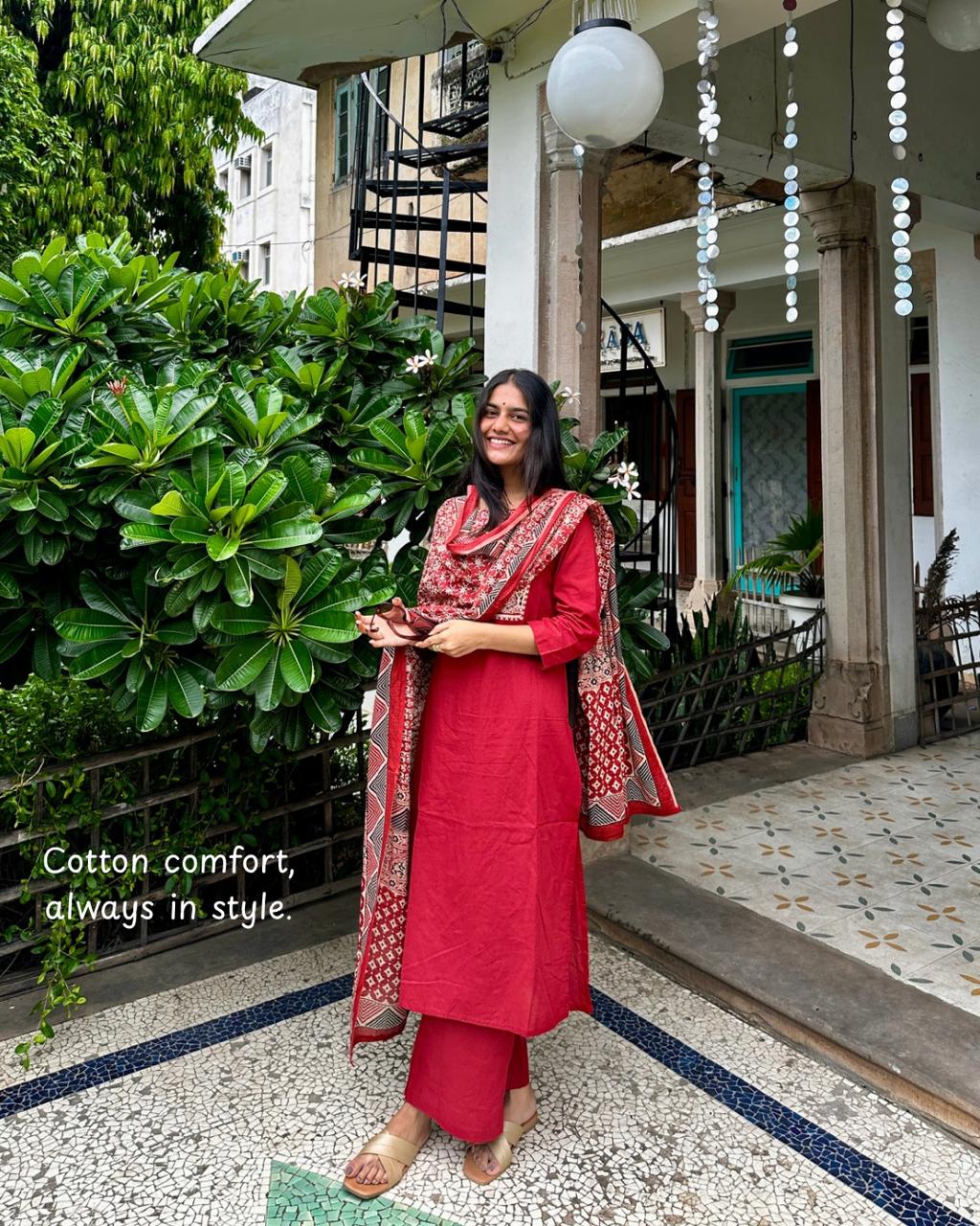 Red Cotton Suit Set with Ajrak Printed Dupatta
