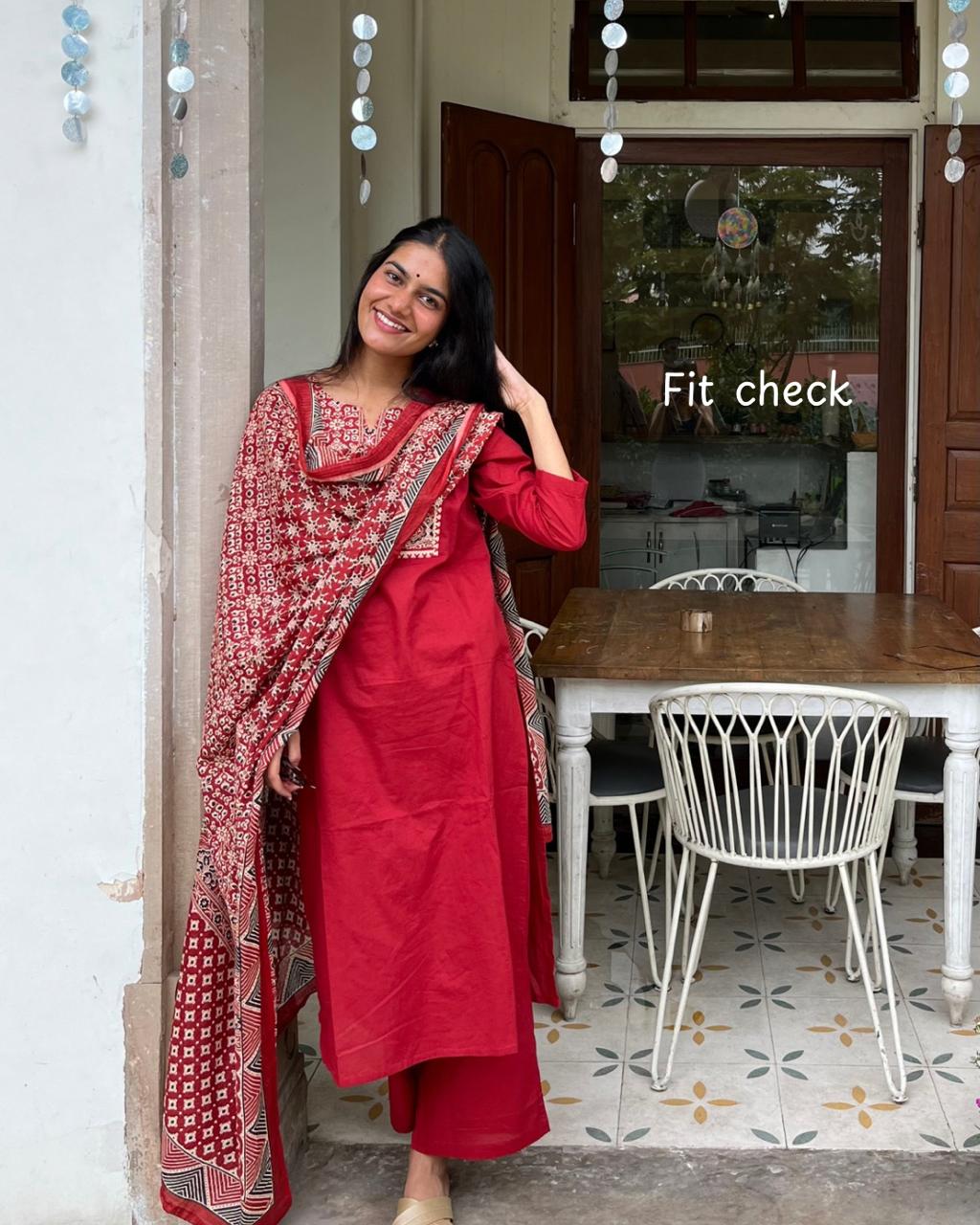 Red Cotton Suit Set with Ajrak Printed Dupatta