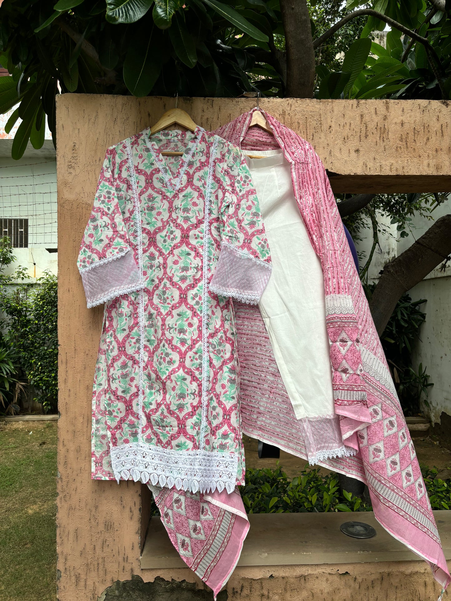 Pink Block Print Cotton Suit Set