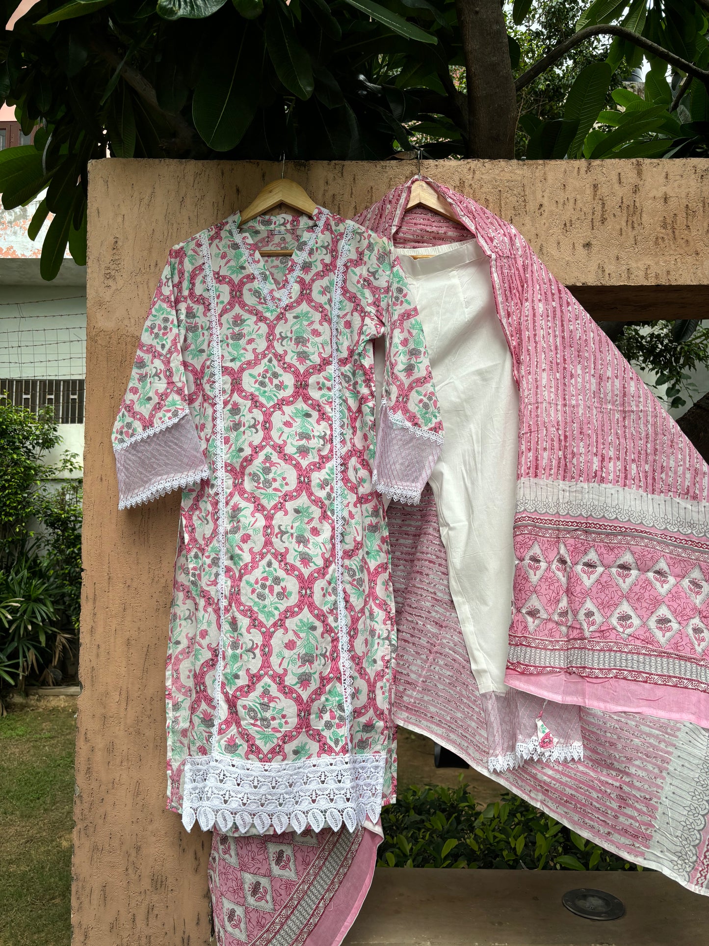 Pink Block Print Cotton Suit Set