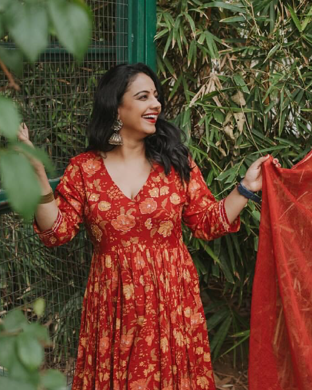 Red Floral Block Printed Anarkali Suit Set