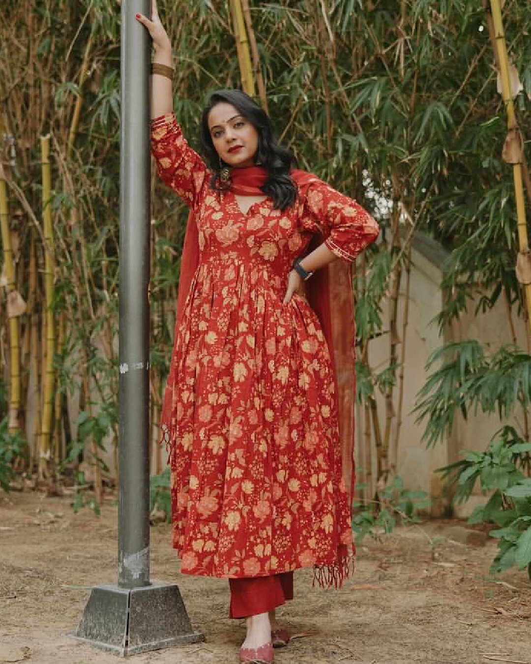 Red Floral Block Printed Anarkali Suit Set