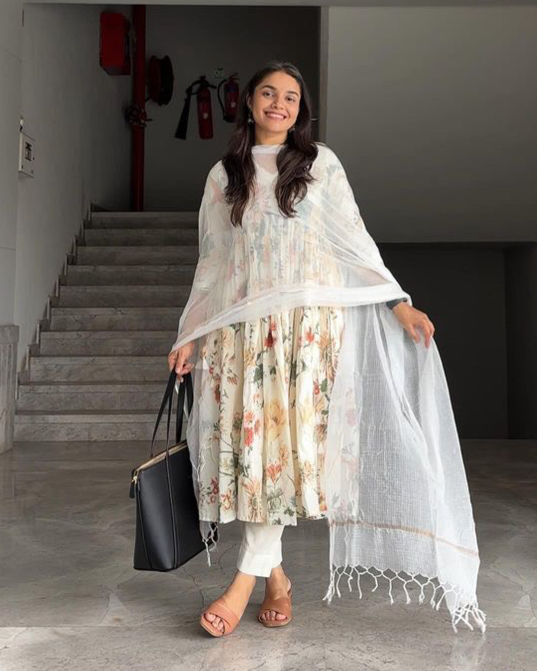 White Floral Alia Cut Anarkali Suit Set