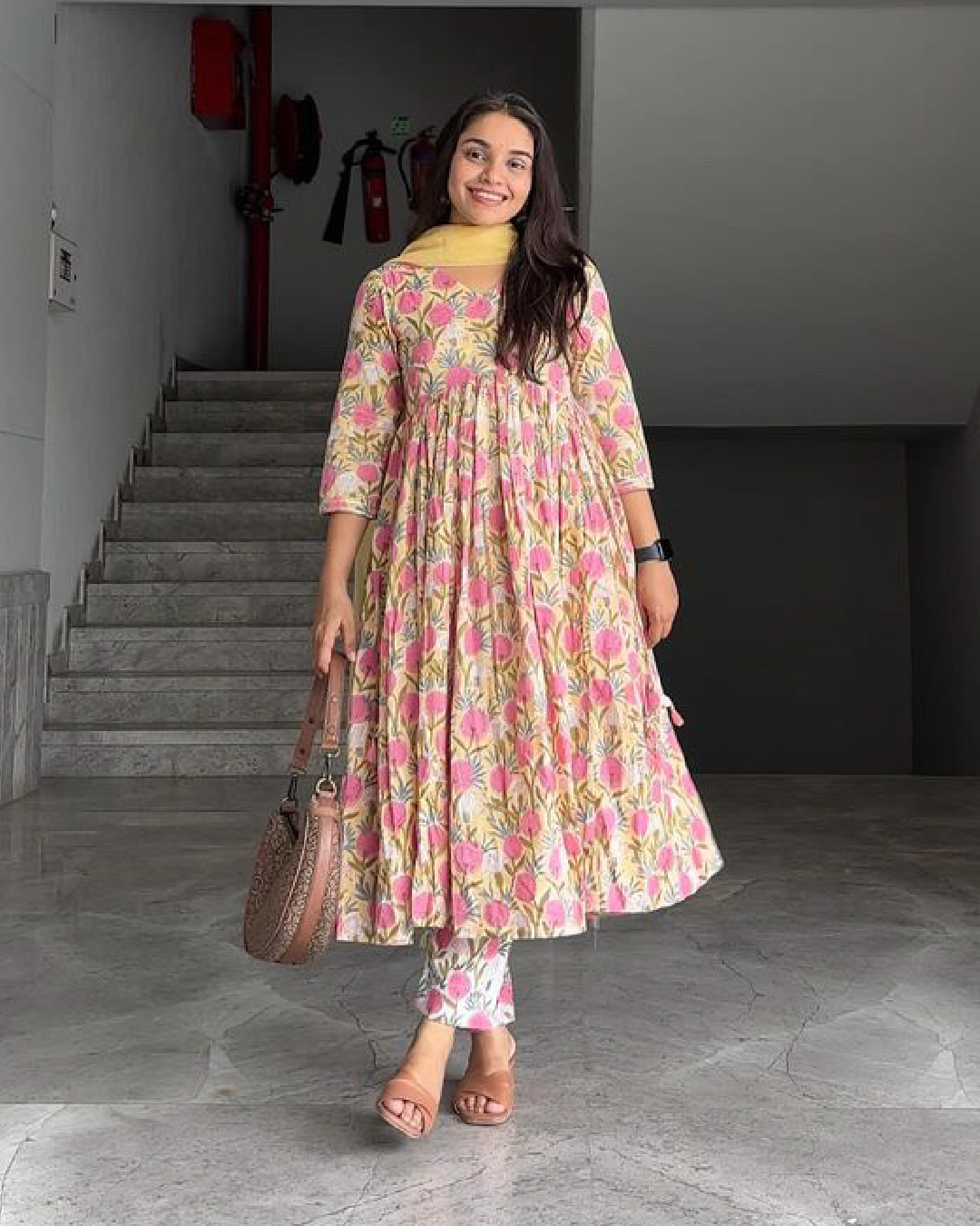 Yellow Floral Print Pure Hand-block Anarkali Suit Set