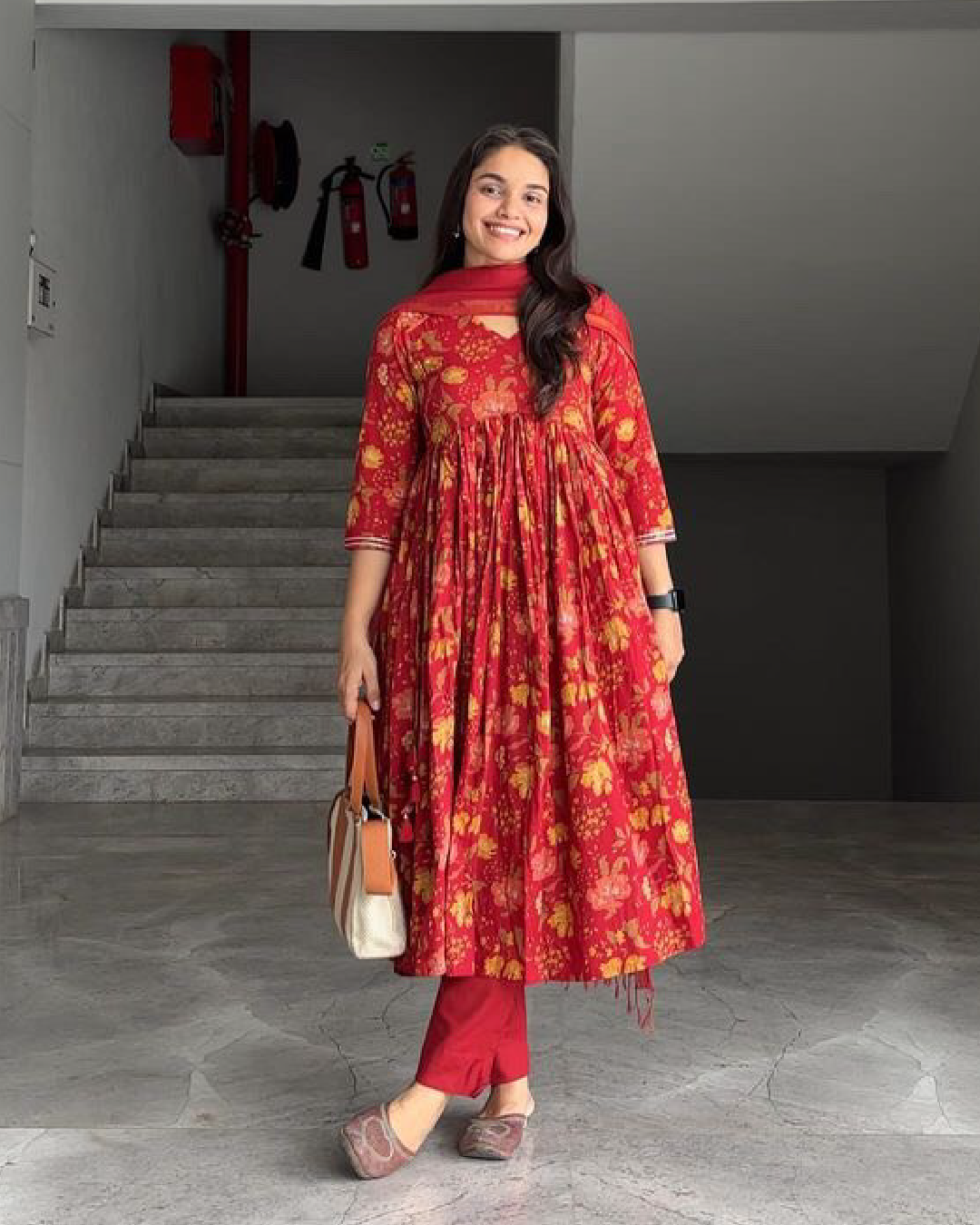 Red Floral Block Printed Anarkali Suit Set