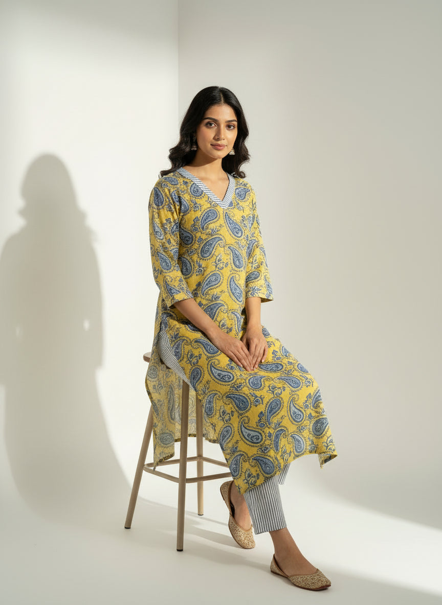 Pure Hand Block Printed Kurta Set (Lemon)