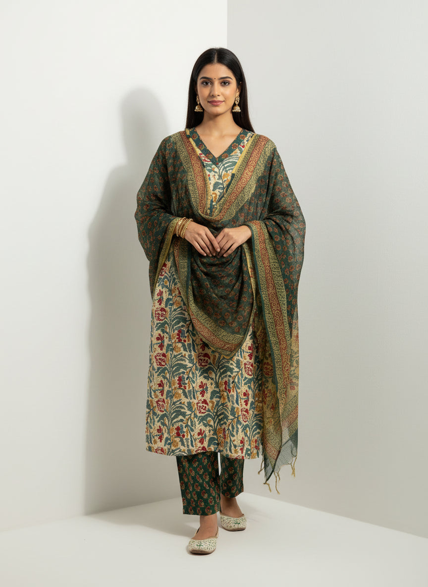 Pure Hand Block Printed Kurta Set (Light Green)